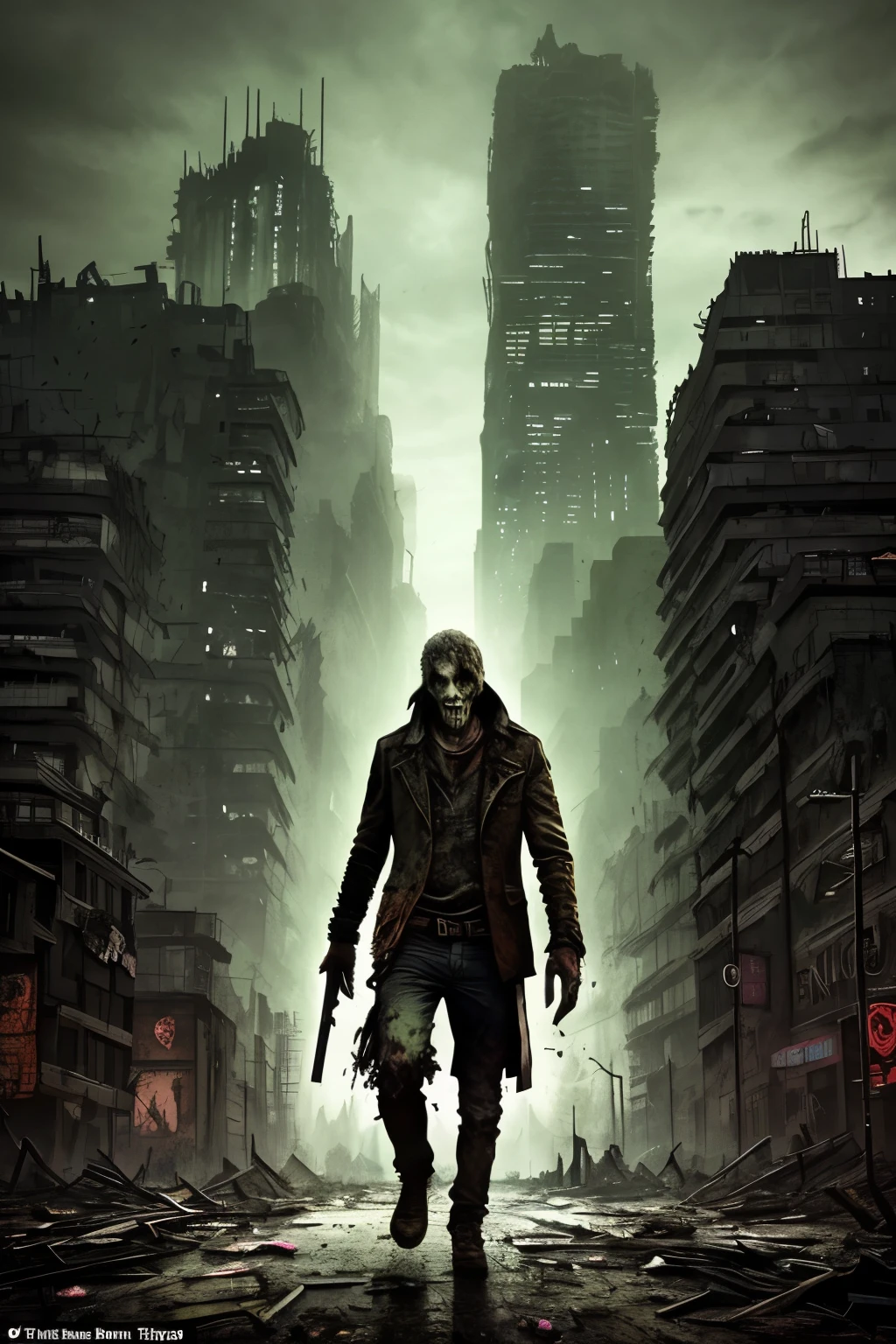 Post-Apocalyptic Zombie Twilight Metropolis - S2

In the heart of a once bustling city, now shrouded in twilight, stands a towering skyscraper. The architecture, though withered and decayed, still exudes an eerie sense of grandeur. This is the backdrop for our Doomsday zombie.

The undead figure, a chilling fusion of human and decay, strides through the desolate cityscape. Its eyes, glowing a eerie green, seem to pierce through the dim light. Its clothes, once vibrant, are now torn and stained with the grime of time. The city beyond,