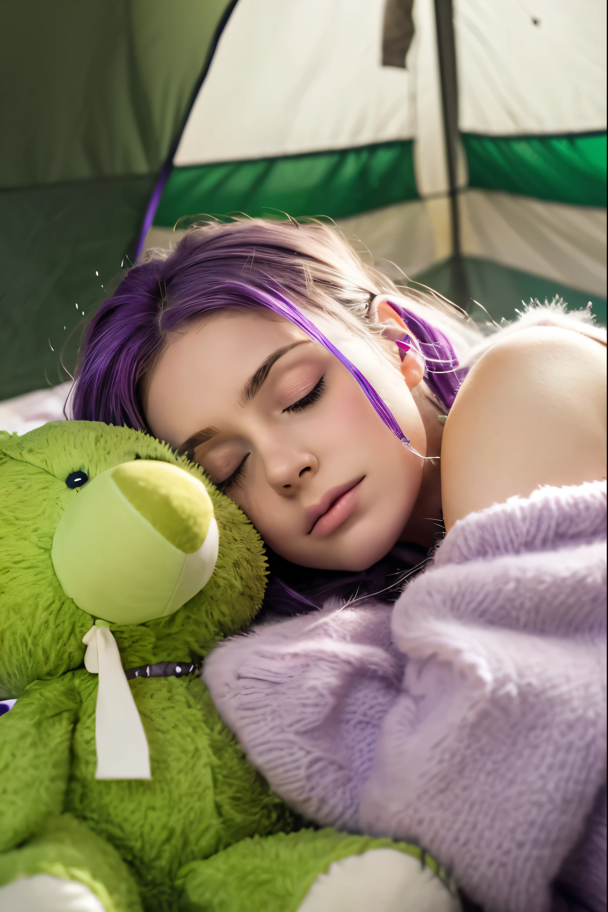 Accurate as a photo、Cute French girl sleeping in a tent in heavy rain、Completely naked、Tattoo、Purple Hair、Green Eyes、lamp、Holding a stuffed teddy bear