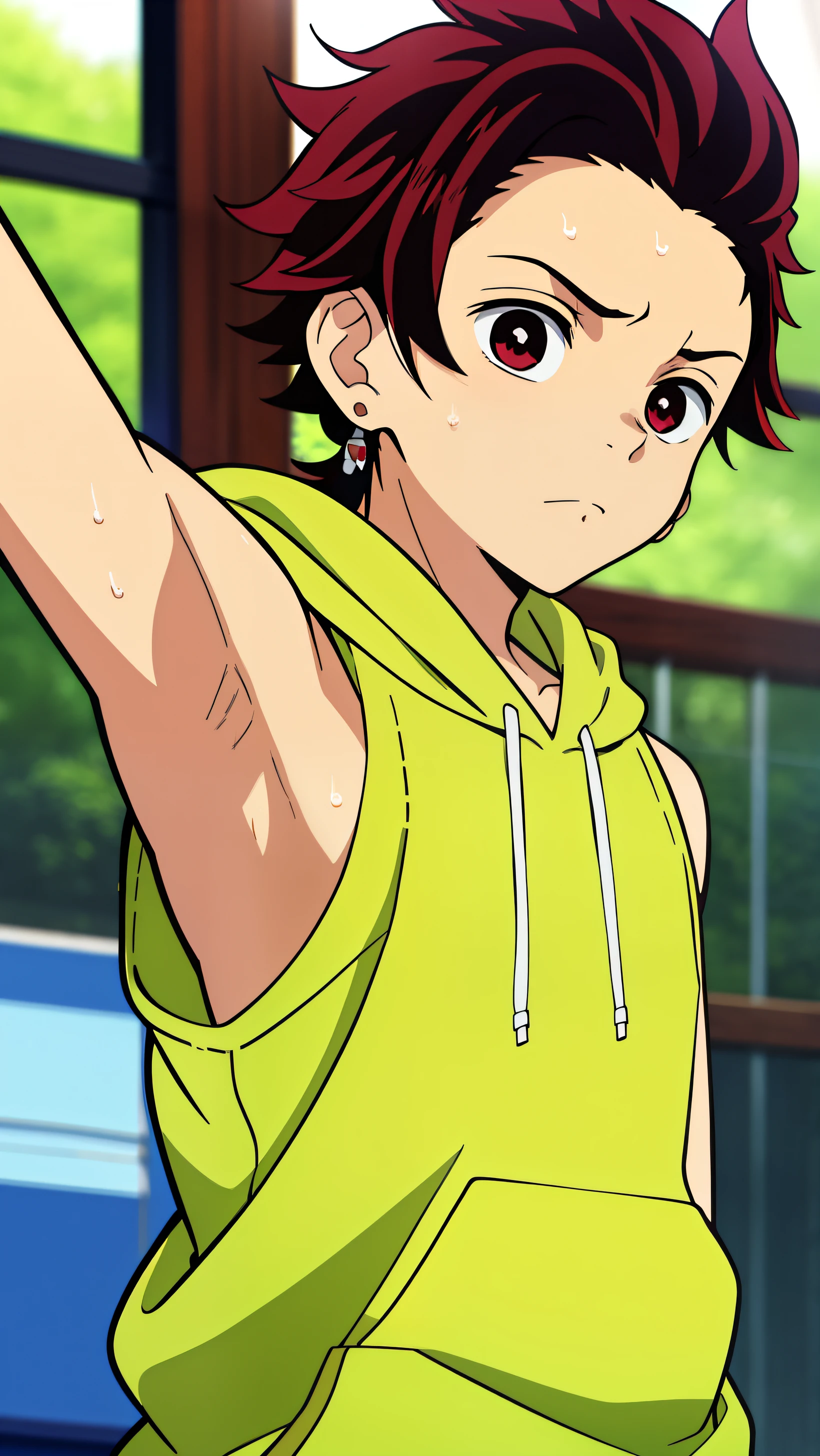 Highres, Masterpiece, Best quality at best,Best Quality,hight quality, hight detailed, 1boy, Tanjirou, scar, Red hair, Earring, Shota, Sleeveless hoodie, Sweat, Slim body, Upper body, Depth of field, (Showing armpit:1.3), Seen from front, (very small and short stature), (very young boy), 12-year-old boys, Blurry beckground