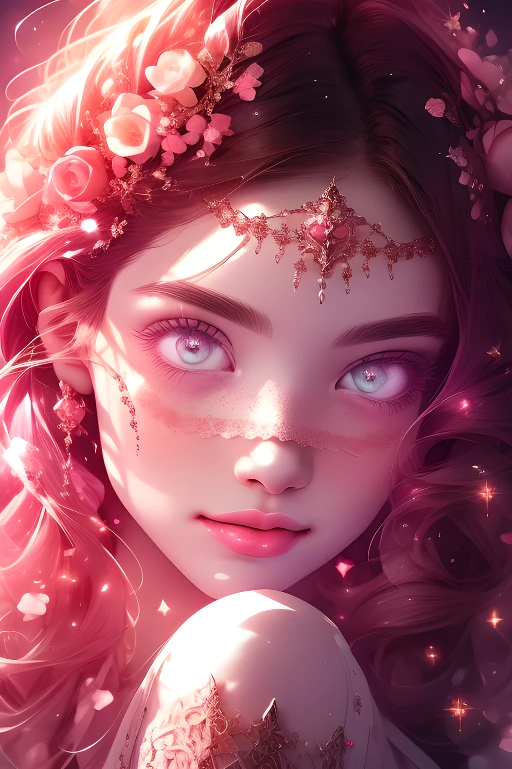 (This is a beautiful, intricate, (romatic) fantasy image that emphasizes beauty and grace.) Generate a blind curvy woman with soft natural freckles. Her face is important and should be (perfectly formed) with (beautiful puffy lips) and (perfect features). There is a cute freckle birthmark on her lip. The image exudes ethereal beauty and soft fantasy, with shimmering shades of pink throughout. Surround her with eternal roses in shimmering shades. Ensure perfection in her face, hair, and ((((eyes)))). Include sweet and detailed birds and soft, luminous flowers and detailed roses. Utilize dynamic composition and dramatic lighting and cinematic lighting to create an interesting fantasy image. The background of the image is interesting and ultra-detailed, with soft fantasy lighting and gradients. Include fantasy details, cute aura, colorful, colourful, and interesting magical background. The image's background is decorated in shades of pink, shimmer, glitter, and fantasy details like colored bubbles and cosmos. Include subtle freckles, natural freckles and a diffused realistic skin tone. Incorporate elements of high fantasy, whimsy, and detailed elegance. English rose, princess, courtesan, noblewoman, sweet, lovely, calm, lovely, shimmering, glimmering, glittering, astrological fantasy, (((masterpiece))), (highest quality), magic rose, fantasy garden, beautiful face, perfect face, puffy lips, interesting, shy smile, fantasy elements, magic rose, beautiful eyes, perfect puffy lips, jewel tones, luminosity. Taken with a canon camera.