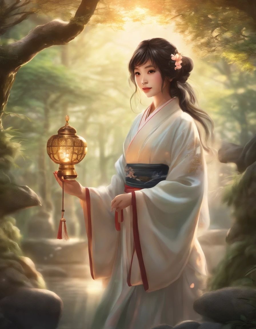 Complete the picture/imagine prompt: A Japanese comic-style high fantasy portrait of a mystical shrine maiden, flowing kimono, magical aura, holding a staff with an enchanted orb. A serene forest shrine with ancient stone lanterns and torii gates in the background, ethereal light filtering through the trees. Created Using: anime-style illustration, soft brush strokes, rich textures, glowing effects, detailed backgrounds, delicate line art, vibrant hues, magical ambiance, hd quality, natural look --ar 2:3 --v 6.0