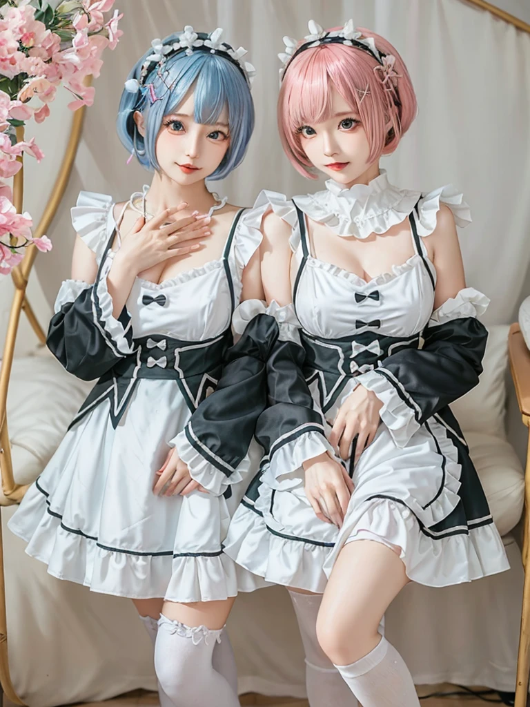 Accurate depiction with high resolution,(8K, Photorealistic, Raw photo, of the highest quality: 1.3), (1girl in), Super beautiful, (Realistic face), (boyish, pink Color Berry Shorthair), Beautiful , Glare that captivates the viewer, Beautiful expression, Beautiful breasts, (Realistic skin), Be...Create a detailed and colorful image of Ram and Rem from Re:Zero, standing back-to-back in their maid outfits, with a magical fantasy background、14years old, two girls,cute, perfect face, beautiful, nice body, gothic lolita clothes, gothic lolita fashion, frilly skirt, headdress, necklace, bracelet, knee-high socks, boots, double eyelids, tear bags, Detailed down to the fingers, photo-like description, indoors, dim indoor lighting, one girl is pink hair and short bob, another girl is light blue hair and short bob,standing,whole body, composition that shows the whole body, smiling,The Both of them are wearing the same type of maid outfit,Even the fingers are clearly depicted