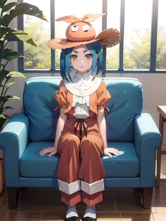 (obra maestra, mejor calidad, detallado), 1 chica, solo, ononokiyotsugi, pelo aguamarina, cabello corto, ojos verdes, dos colas, cejas gruesas, mirando al espectador,
sombrero de fieltro, sombreros marrones, pantalones marrones, cinta negra, sombrero de vaquero, chaqueta cafe, chaqueta de cuero, indiana jones, Camisa blanca, cartera, adentro, sofa, almohada, ventana, cortinas, planta en maceta, en la espalda, inexpresivo