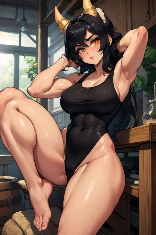 sexy beautiful woman, one woman, shorts, tank top, black hair, yellow eyes, cute pose, pose, long hair, black hair, look at viewer, horny face, legs focus, thick legs