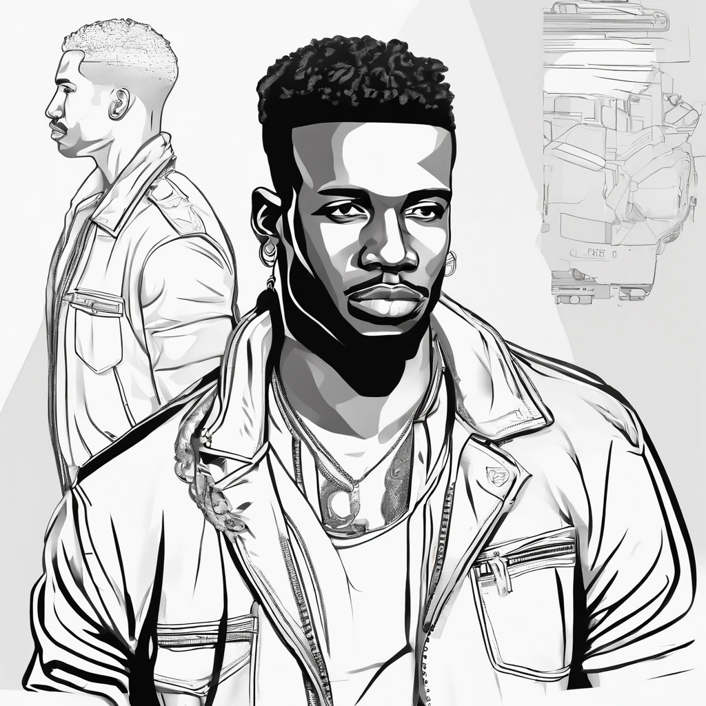 realistic style, masterpiece, best quality, 8k, artstation, sharp focus, ultrarealistic, high details, black skinned adult male, late 20s, street thug, A black teenager, character, very tall, muscular, with short hair, brown eyes, solo, 1boy, he has a burn mark in the left side of his face. He wears a white tank top, unzipped leather jacket, blue jeans, dark sneakers and a silver necklace.(((black:1.5, red:1.1, white:1.3)))
