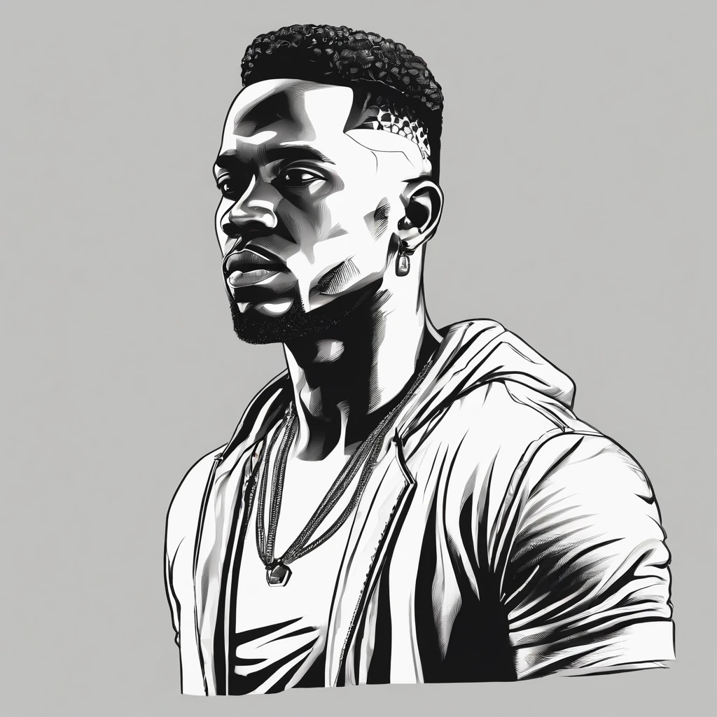 realistic style, masterpiece, best quality, 8k, artstation, sharp focus, ultrarealistic, high details, black skinned adult male, late 20s, street thug, A black ager, character, very tall, muscular, with short hair, brown eyes, solo, 1boy, he has a burn mark in the left side of his face. He wears a white tank top, unzipped leather jacket, blue jeans, dark sneakers and a silver necklace.(((black:1.5, red:1.1, white:1.3)))