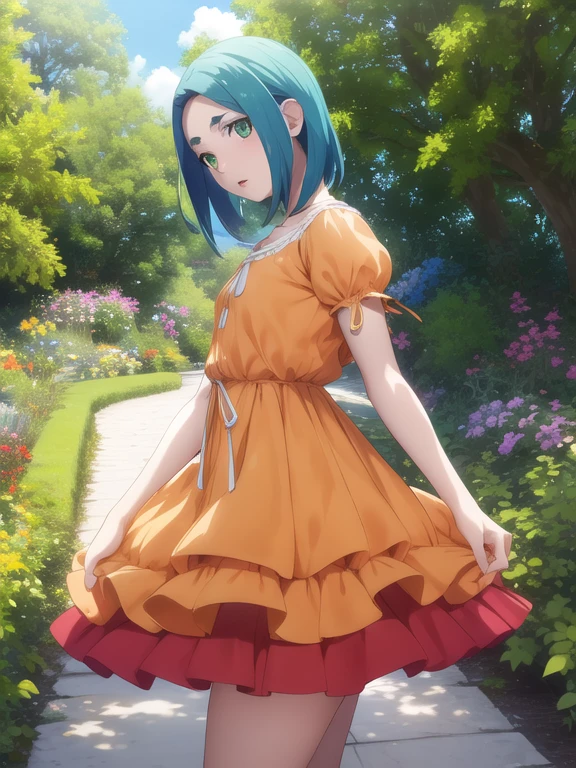 1 chica, solo, mirando al espectador,
pantimedias a rayas, pantimedias azules y grises, vestido, orange vestido, cuello de tortuga blanco, volantes blancos, tiene, mangas hinchadas, mangas cortas,
ononokiyotsugi, pelo aguamarina, cabello corto, ojos verdes, dos colas, cejas gruesas,
garden, trees, de cerca,
de pie, brazos entre piernas,
inexpresivo, boca cerrada,