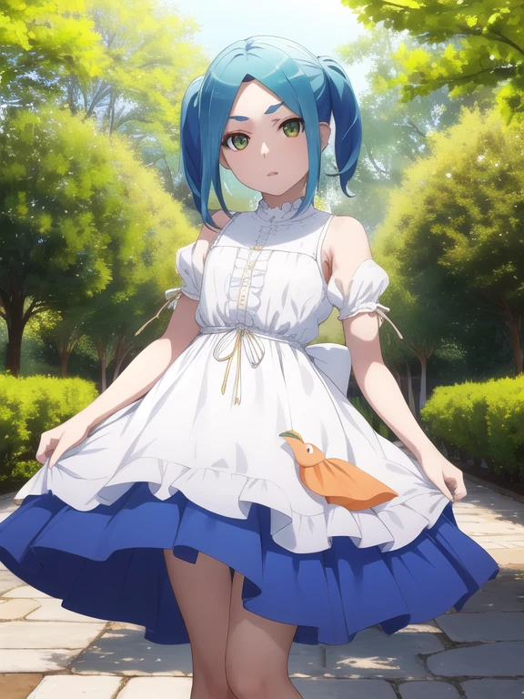 1 chica, solo, mirando al espectador,
pantimedias a rayas, pantimedias azules y grises, vestido, orange vestido, cuello de tortuga blanco, volantes blancos, tiene, mangas hinchadas, mangas cortas,
ononokiyotsugi, pelo aguamarina, cabello corto, ojos verdes, dos colas, cejas gruesas,
garden, trees, de cerca,
de pie, brazos entre piernas,
inexpresivo, boca cerrada,
