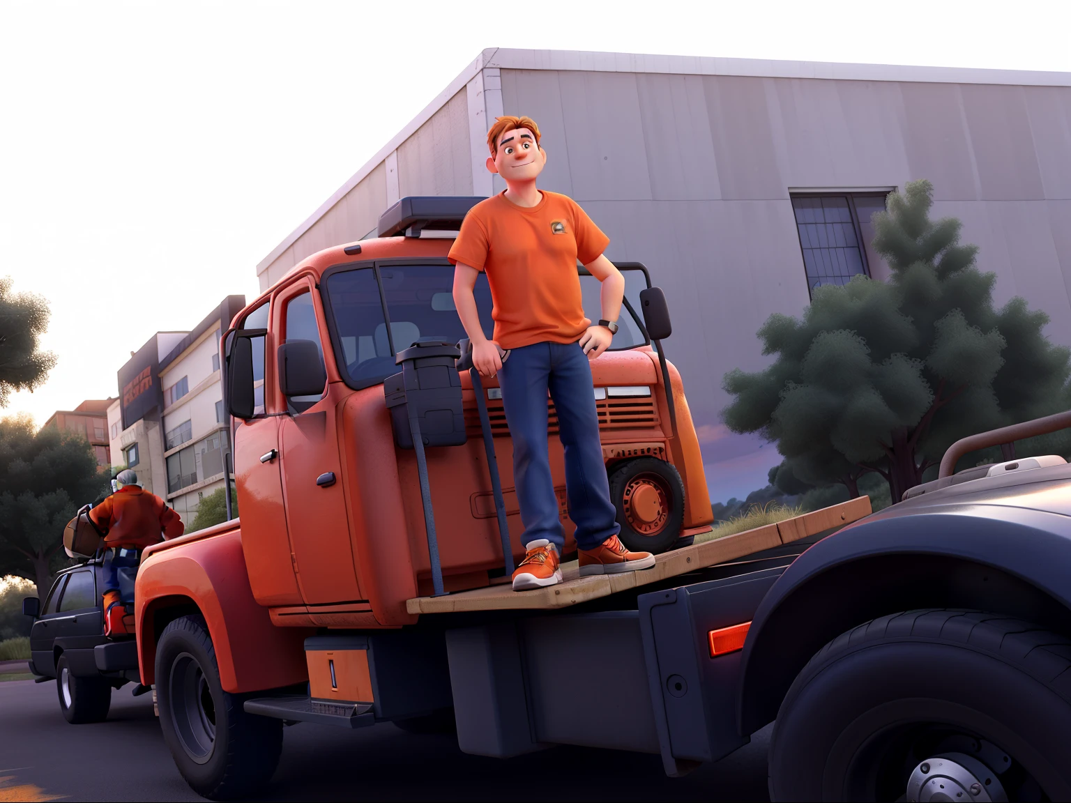 A middle-aged man in an orange t-shirt stands on top of an orange truck