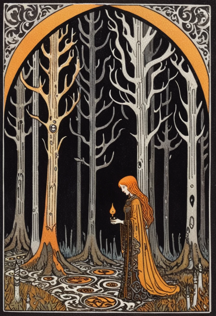 Dark Forest, dark amber and gray, ephemeral patterns, witchcore, cloisonnism, eleanor vere boyle, Ivan Bilibin Style page, lks73zb1, Inkdrawing, by Kr355e