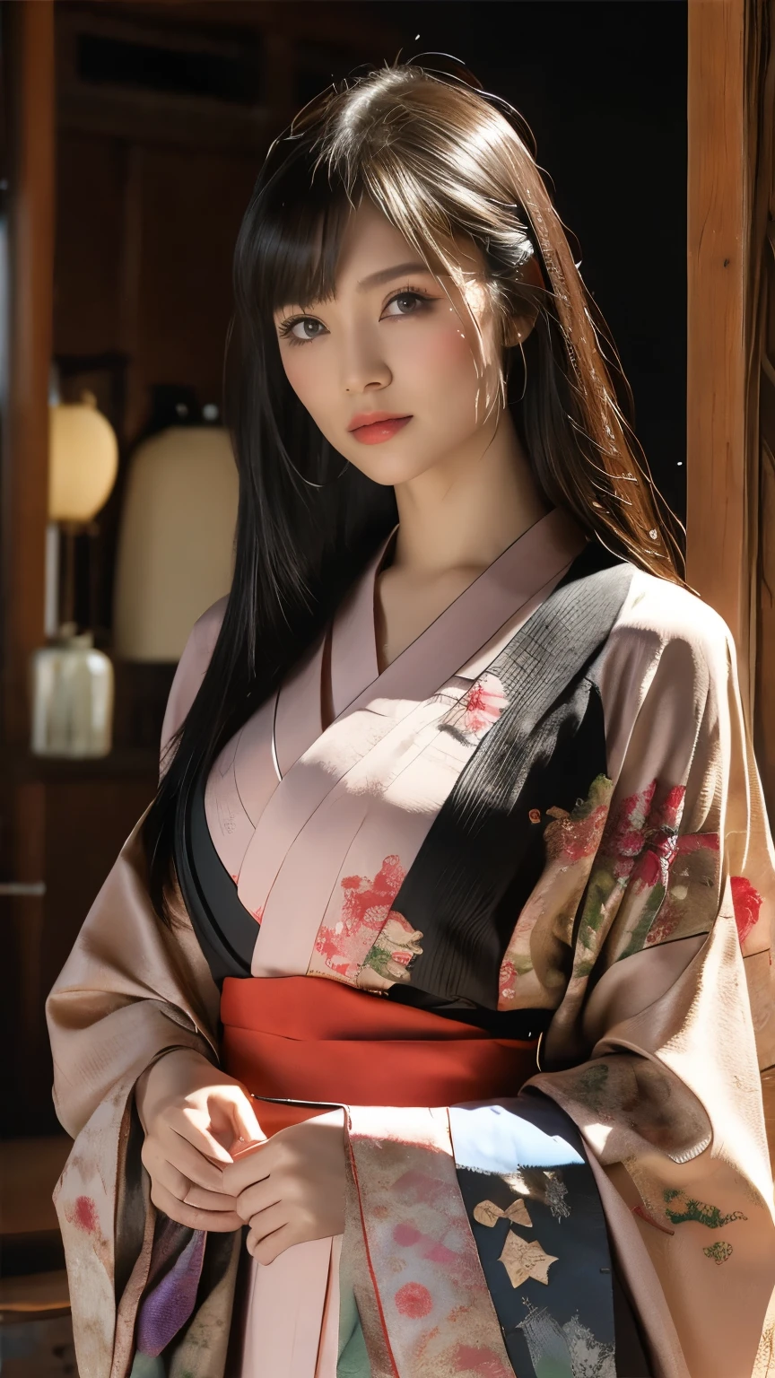 Historic Buildings in Japan、紺色のkimonoを着て、Unreal Engine:1.4,Hmph,highest quality:1.4, From photorealism:1.4, Skin Texture:1.4, masterpiece:1.8, 1. Female, Lift your hips high, Beautiful Eyes, Long-haired, The eyes are round, gem, Tattoo, kimono