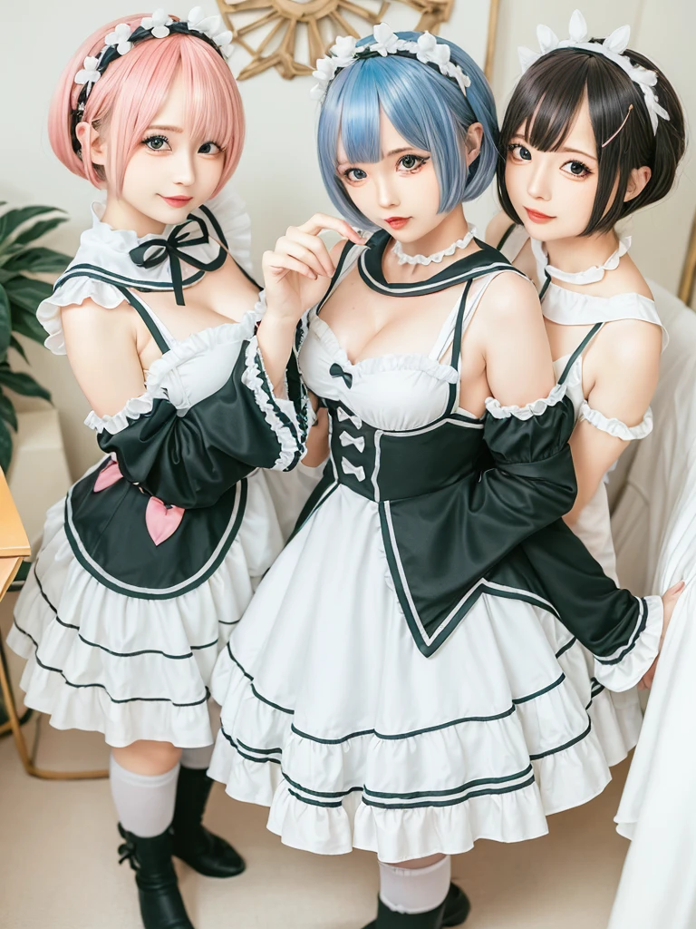 Accurate depiction with high resolution,(8K, Photorealistic, Raw photo, of the highest quality: 1.3), (1girl in), Super beautiful, (Realistic face), (boyish, pink Color Berry Shorthair), Beautiful , Glare that captivates the viewer, Beautiful expression, Beautiful breasts, (Realistic skin), Be...Create a detailed and colorful image of Ram and Rem from Re:Zero, standing back-to-back in their maid outfits, with a magical fantasy background、14years old, two girls,cute, perfect face, beautiful, nice body, gothic lolita clothes, gothic lolita fashion, frilly skirt, headdress, necklace, bracelet, knee-high socks, boots, double eyelids, tear bags, Detailed down to the fingers, photo-like description, indoors, dim indoor lighting, one girl is pink hair and short bob, another girl is light blue hair and short bob,standing,whole body, composition that shows the whole body, smiling,The Both of them are wearing the same type of maid outfit,Even the fingers are clearly depicted