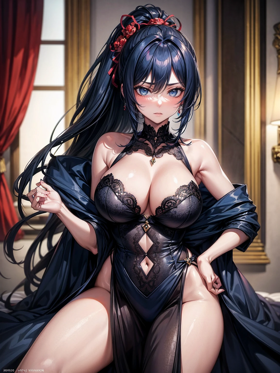 (masterpiece), best quality, highly detailed faces, (SHARP details), 4k, highly detailed, expressive eyes, SHARP detail expressive eyes, (SHARP detail perfect face), long hair, 20 year old woman, standing, modest courtesan dress, dark-blue hair, indoors, clothed, big breasts, mature, voluptuous, taimanin asagi, modern brothel, prostitute, single flower hair ornament, SFW, ponytail, standing, nice hips,