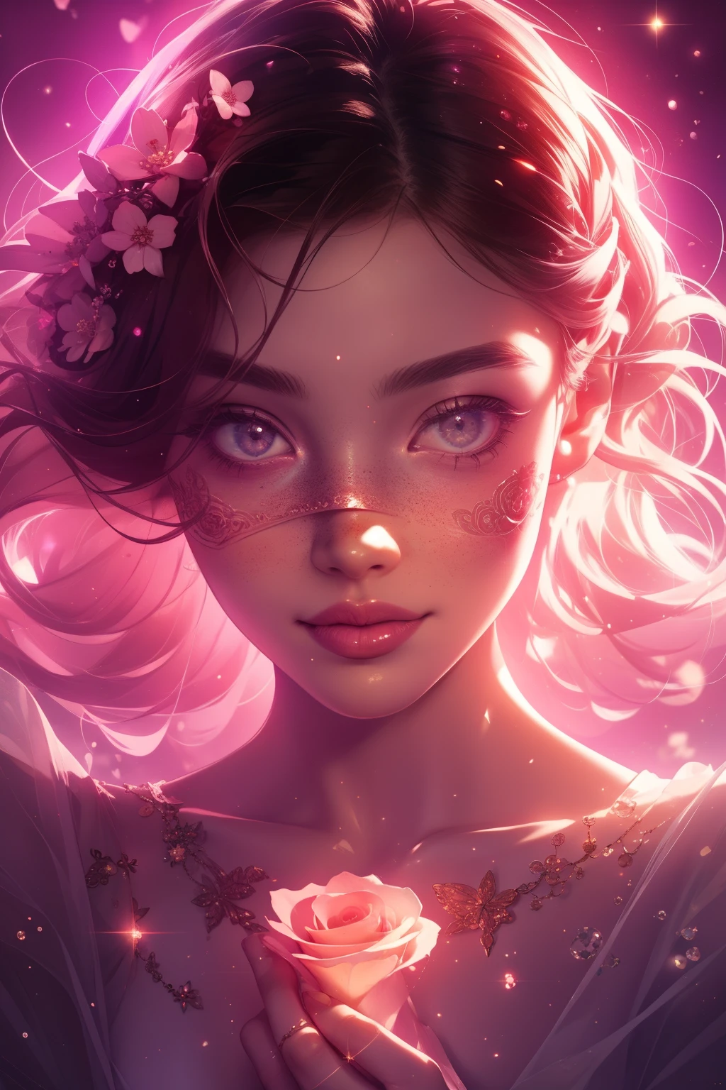 (This is a beautiful, intricate, (romatic) fantasy image that emphasizes beauty and grace.) Generate a blind curvy woman with soft natural freckles. Her face is important and should be (perfectly formed) with (beautiful puffy lips) and (perfect features). There is a cute freckle birthmark on her lip. The image exudes ethereal beauty and soft fantasy, with shimmering shades of pink throughout. Surround her with eternal roses in shimmering shades. Ensure perfection in her face, hair, and eyes. Include sweet and detailed birds and soft, luminous flowers and detailed roses. Utilize dynamic composition and dramatic lighting and cinematic lighting to create an interesting fantasy image. The background of the image is interesting and ultra-detailed, with soft fantasy lighting and gradients. Include fantasy details, cute aura, colorful, colourful, and interesting magical background. The image's background is decorated in shades of pink, shimmer, glitter, and fantasy details like colored bubbles and cosmos. Include subtle freckles, natural freckles and a diffused realistic skin tone. Incorporate elements of high fantasy, whimsy, and detailed elegance. English rose, princess, courtesan, noblewoman, sweet, lovely, calm, lovely, shimmering, glimmering, glittering, astrological fantasy, (((masterpiece))), (highest quality), magic rose, fantasy garden, beautiful face, perfect face, puffy lips, interesting, shy smile, fantasy elements, magic rose, beautiful eyes, perfect puffy lips, jewel tones, luminosity. Taken with a canon camera.