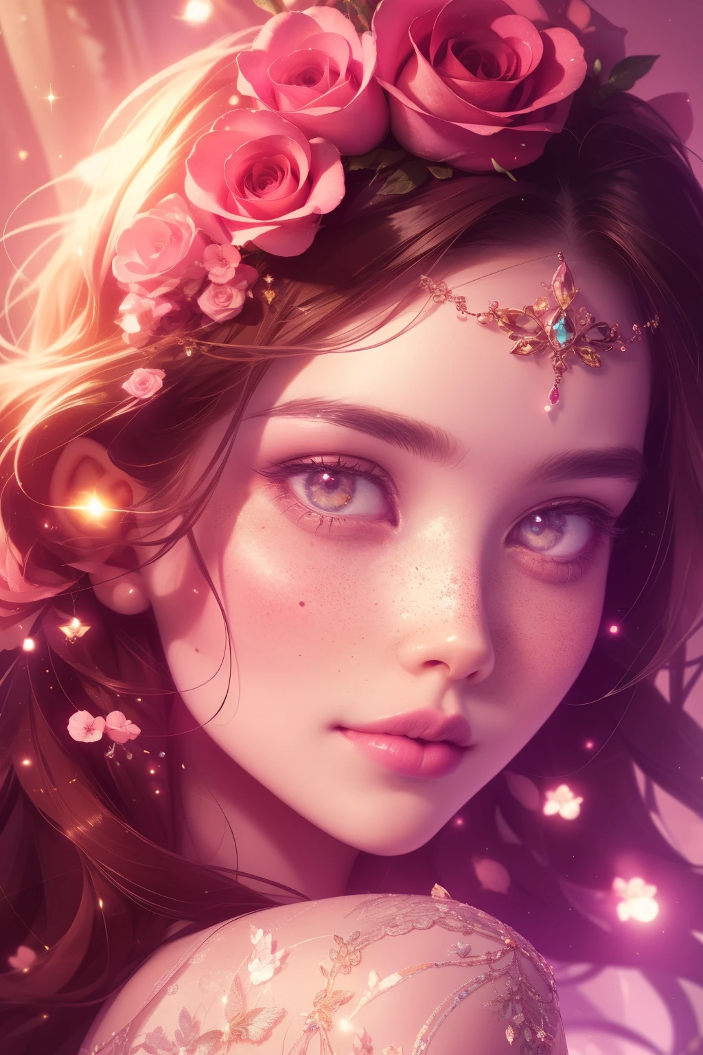 (This is a beautiful, intricate, (romatic) fantasy image that emphasizes beauty and grace.) Generate a blind curvy woman with soft natural freckles. Her face is important and should be (perfectly formed) with (beautiful puffy lips) and (perfect features). There is a cute freckle birthmark on her lip. The image exudes ethereal beauty and soft fantasy, with shimmering shades of pink throughout. Surround her with eternal roses in shimmering shades. Ensure perfection in her face, hair, and eyes. Include sweet and detailed birds and soft, luminous flowers and detailed roses. Utilize dynamic composition and dramatic lighting and cinematic lighting to create an interesting fantasy image. The background of the image is interesting and ultra-detailed, with soft fantasy lighting and gradients. Include fantasy details, cute aura, colorful, colourful, and interesting magical background. The image's background is decorated in shades of pink, shimmer, glitter, and fantasy details like colored bubbles and cosmos. Include subtle freckles, natural freckles and a diffused realistic skin tone. Incorporate elements of high fantasy, whimsy, and detailed elegance. English rose, princess, courtesan, noblewoman, sweet, lovely, calm, lovely, shimmering, glimmering, glittering, astrological fantasy, (((masterpiece))), (highest quality), magic rose, fantasy garden, beautiful face, perfect face, puffy lips, interesting, shy smile, fantasy elements, magic rose, beautiful eyes, perfect puffy lips, jewel tones, luminosity. Taken with a canon camera.