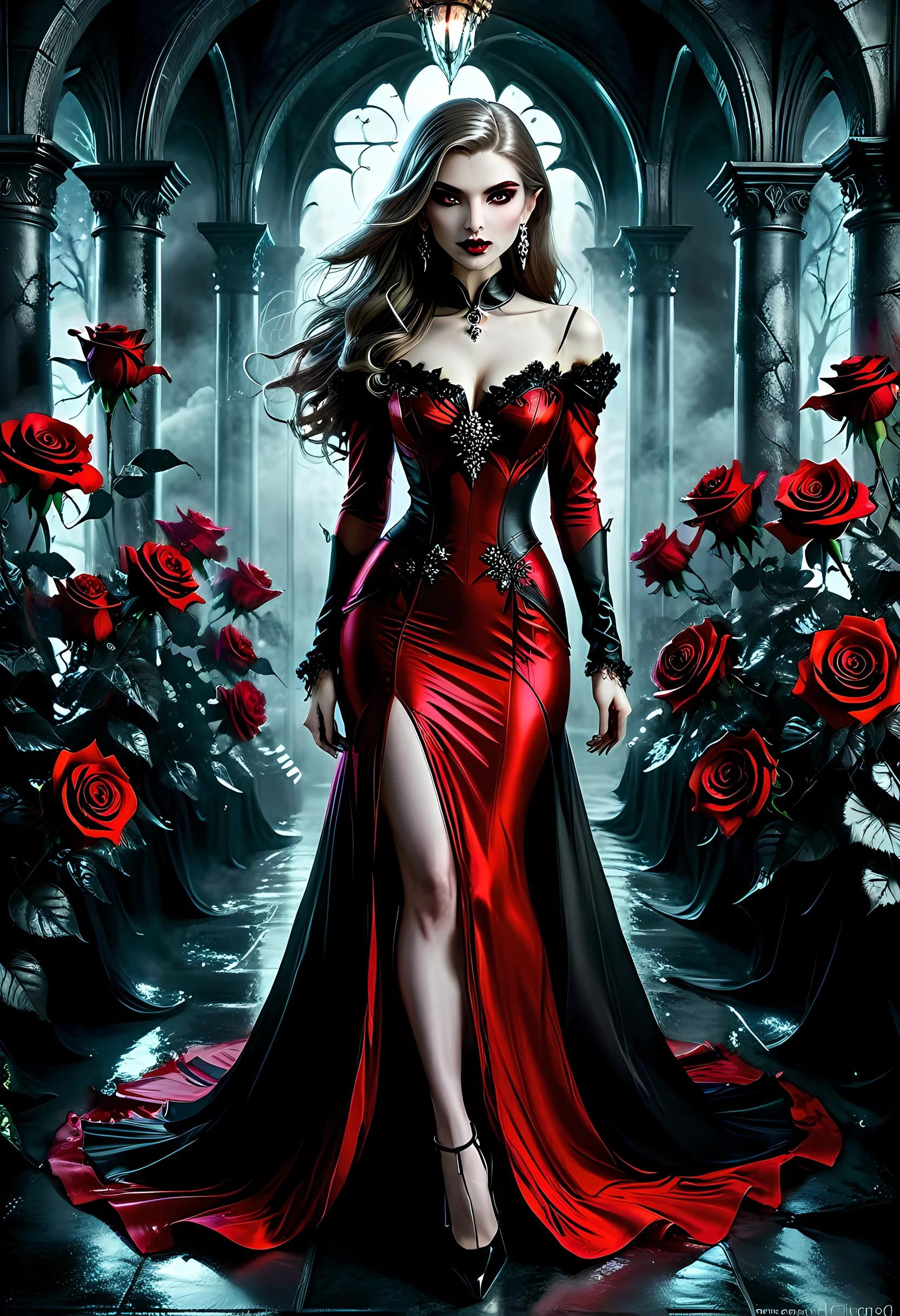 Dark fantasy art, fantasy art, goth art,  a picture of a female vampire, exquisite beauty, full body shot, dark glamour shot,  pale white skin, dark blond hair, long hair, wavy hair, (icy grey: 1.3) eyes,  she  wears a (red: 1.5) dress, ArmoredDress, the dress is decorated with (black: 1.5)  roses mad-neon-noir, high heels, dark castle background, porchm, RagingNebula