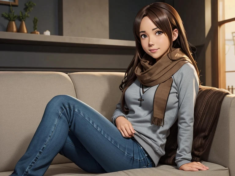 Bell, anime, brown hair, medium breasts, brown eyes, light smile, jeans, scarf, gray sweatshirt, blue pants, sitting, cross-legged, inside a smart home, sitting on the couch, Asada Shino's face, anime Sword Art Online, best quality