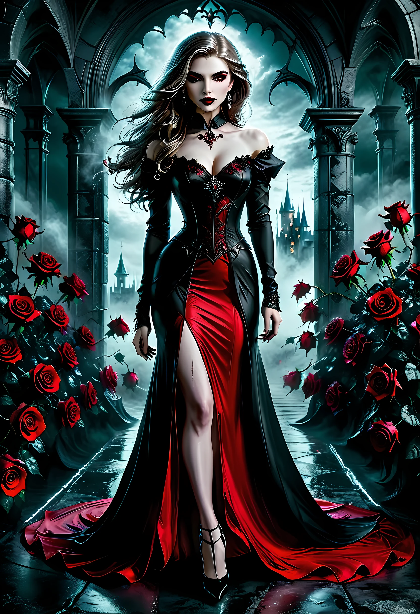 Dark fantasy art, fantasy art, goth art,  a picture of a female vampire, exquisite beauty, full body shot, dark glamour shot,  pale white skin, dark blond hair, long hair, wavy hair, (icy grey: 1.3) eyes,  she  wears a (red: 1.5) dress, ArmoredDress, entwined with (black: 1.5)  roses mad-neon-noir, high heels, dark castle background, porchm, RagingNebula