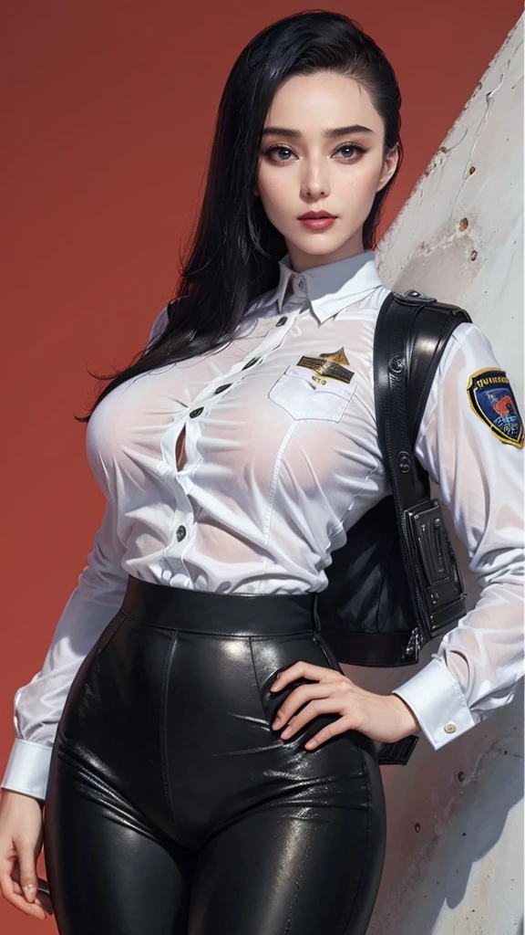 ((best quality, 8k, masterpiece: 1.3)), sharp: 1.2, Perfect body beauty: 1.4, Slim abdominal muscles: 1.2, ((Layered Hairstyle, Large Breasts: 1.2)), (wet White Button Long Shirt: 1.1), (Bulletproof police car, street: 1.2), wet: 1.5, Highly detailed face and skin texture, Delicate eyes, Double eyelids, Look sideways at the camera, White police uniform, tall and big, Army insignia, bulletproof vest, Intercom, Female soldier aiming pistol at camera, Armed at all points, Black leather pants, Special Forces, 