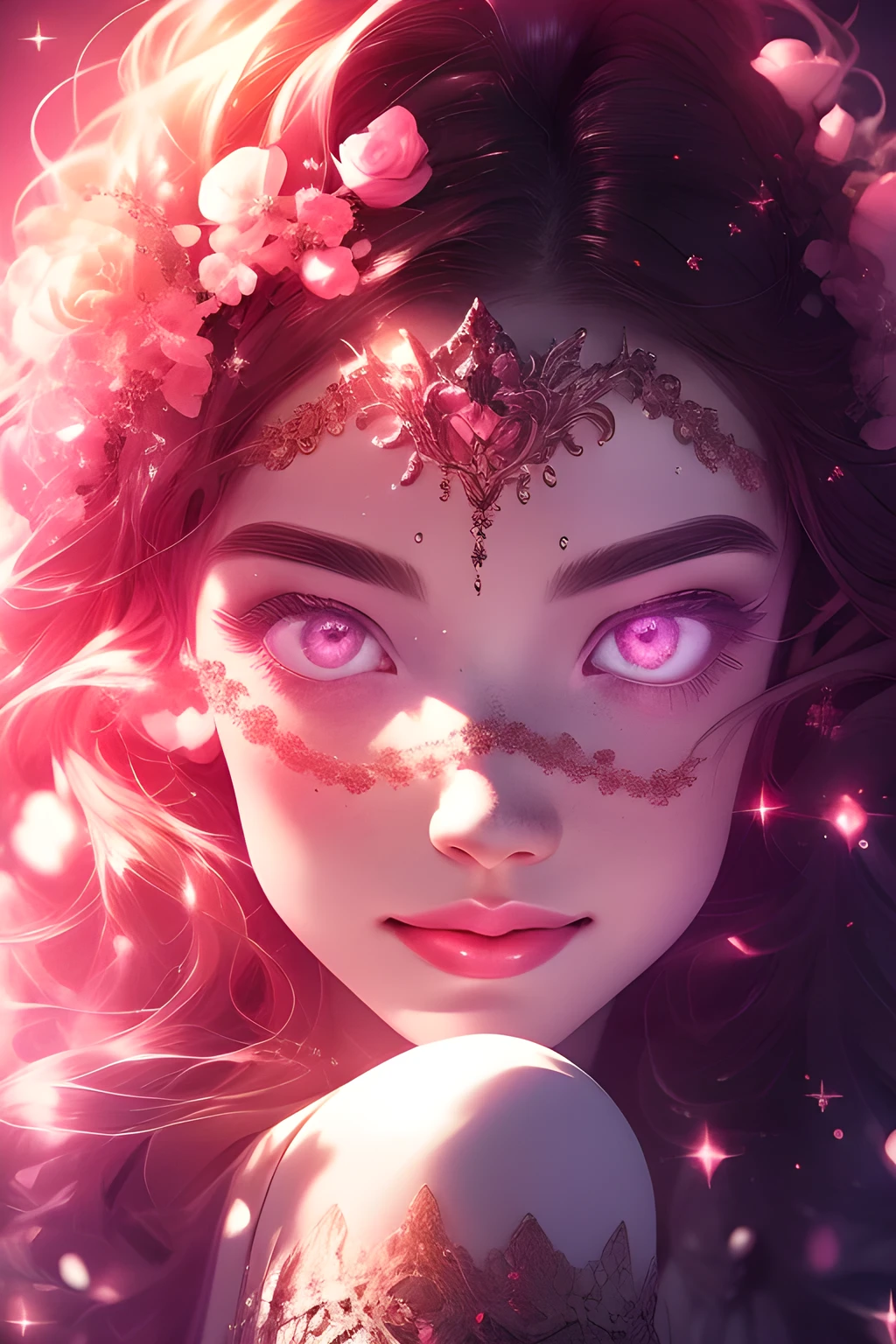 (This is a beautiful, intricate, (romatic) fantasy image that emphasizes beauty and grace.) Generate a blind curvy woman with soft natural freckles. Her face is important and should be (perfectly formed) with (beautiful puffy lips) and (perfect features). There is a cute freckle birthmark on her lip. The image exudes ethereal beauty and soft fantasy, with shimmering shades of pink throughout. Surround her with eternal roses in shimmering shades. Ensure perfection in her face, hair, and eyes. Include sweet and detailed birds and soft, luminous flowers and detailed roses. Utilize dynamic composition and dramatic lighting and cinematic lighting to create an interesting fantasy image. The background of the image is interesting and ultra-detailed, with soft fantasy lighting and gradients. Include fantasy details, cute aura, colorful, colourful, and interesting magical background. The image's background is decorated in shades of pink, shimmer, glitter, and fantasy details like colored bubbles and cosmos. Include subtle freckles, natural freckles and a diffused realistic skin tone. Incorporate elements of high fantasy, whimsy, and detailed elegance. English rose, princess, courtesan, noblewoman, sweet, lovely, calm, lovely, shimmering, glimmering, glittering, astrological fantasy, (((masterpiece))), (highest quality), magic rose, fantasy garden, beautiful face, perfect face, puffy lips, interesting, shy smile, fantasy elements, magic rose, beautiful eyes, perfect puffy lips, jewel tones, luminosity. Taken with a canon camera.