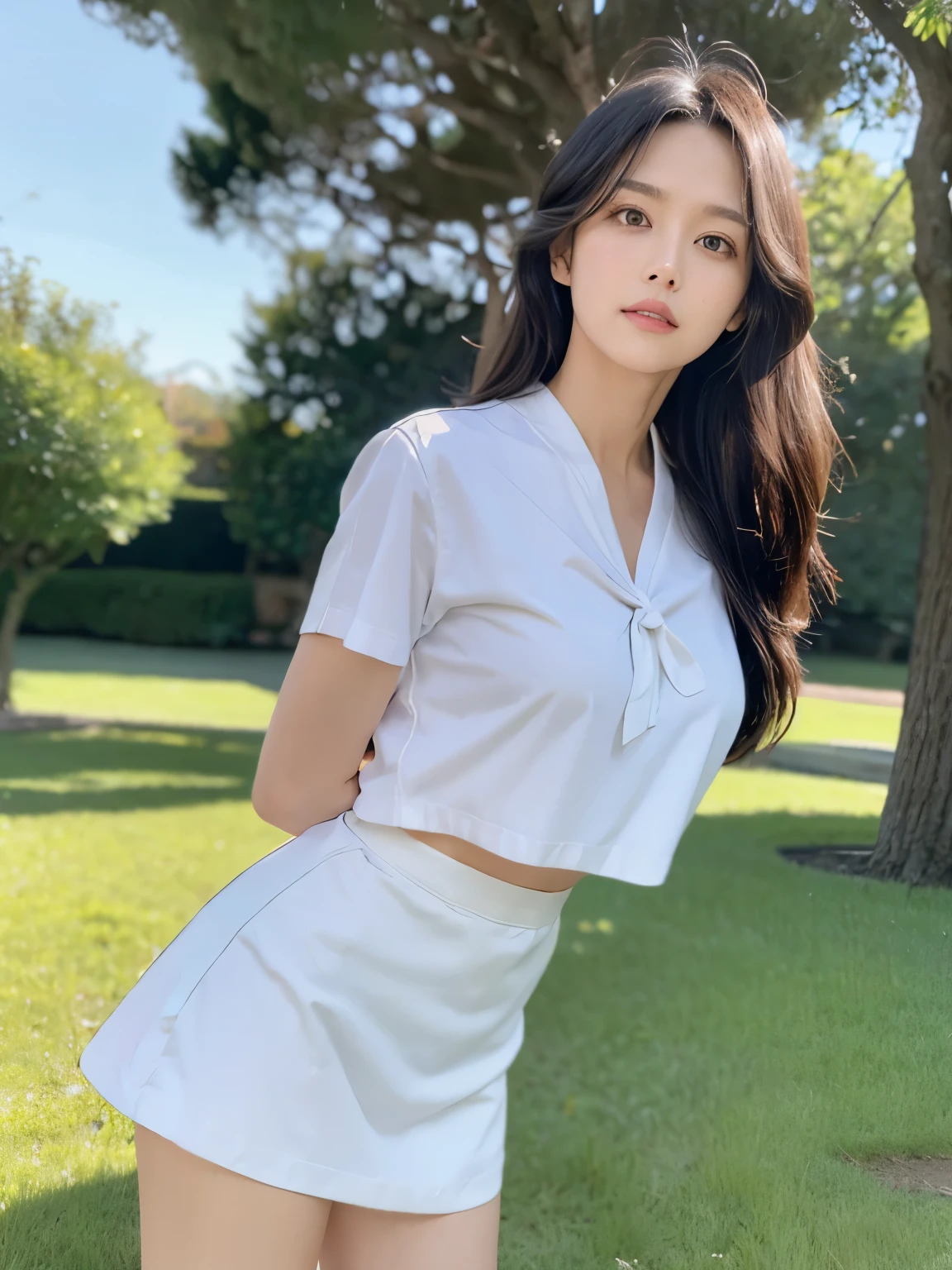 A woman who has been and tied up、Hands are tied in handcuffs、Standing in the grass、blue sky、Facing forward、White panties are visible、21talent、Beauty、Well-formed face、Make your eyes even、Beautiful black hair、Has bangedium build、Well-balanced proportions、Beautiful legs、Dark short-sleeved shirt、Long skirt、Like real life、highest quality、