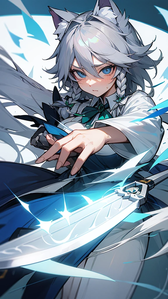 highest quality Neutral face woman I have long hair Odd Eye Gray Hair Sakuya Izayoi beautiful girl Cat ear kind Embarrassed Silver knife