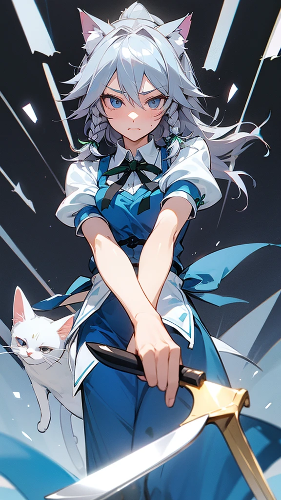 highest quality　Neutral face　woman　I have long hair　Odd Eye　Gray Hair　Sakuya Izayoi　beautiful girl　Cat ear　kind　Embarrassed　Silver knife