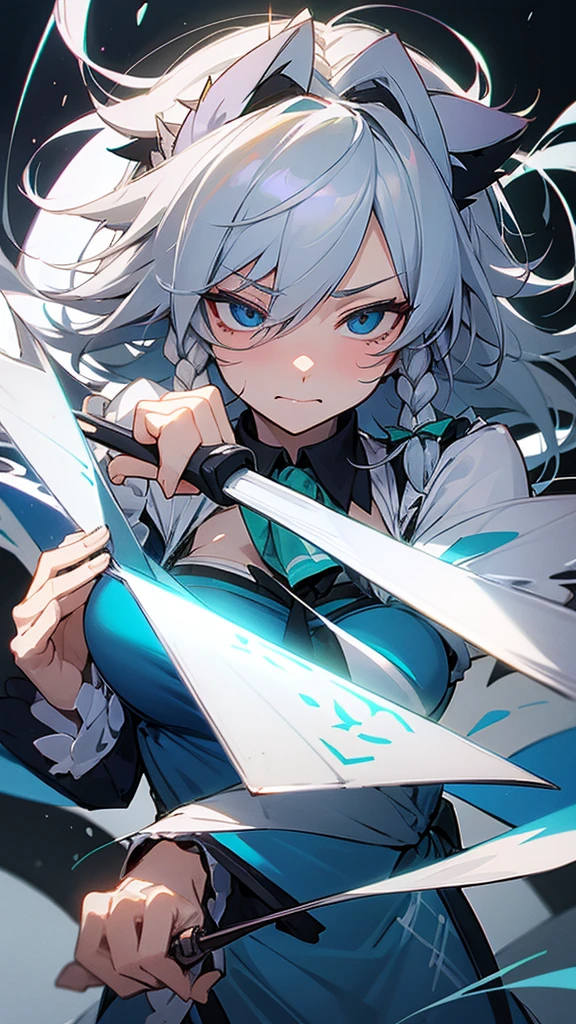 highest quality　Neutral face　woman　I have long hair　Odd Eye　Gray Hair　Sakuya Izayoi　beautiful girl　Cat ear　kind　Embarrassed　Silver knife