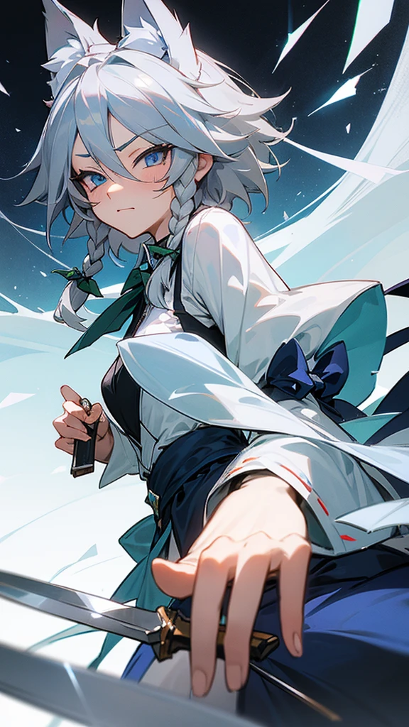highest quality Neutral face woman I have long hair Odd Eye Gray Hair Sakuya Izayoi beautiful girl Cat ear kind Embarrassed Silver knife