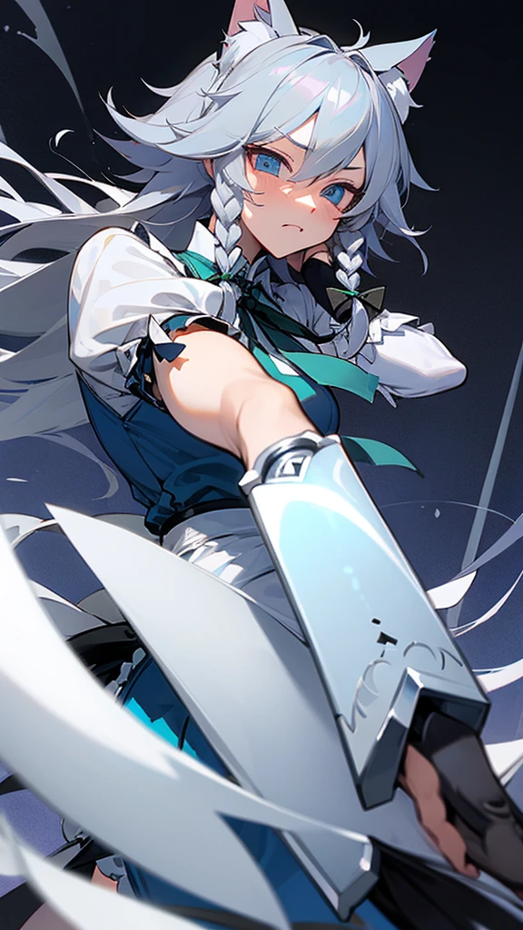 highest quality Neutral face woman I have long hair Odd Eye Gray Hair Sakuya Izayoi beautiful girl Cat ear kind Embarrassed Silver knife