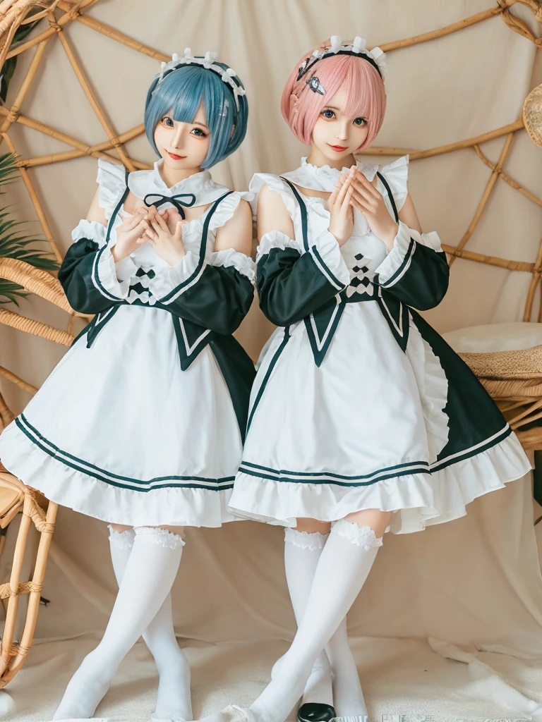 Accurate depiction with high resolution,(8K, Photorealistic, Raw photo, of the highest quality: 1.3), (1girl in), Super beautiful, (Realistic face), (boyish, pink Color Berry Shorthair), Beautiful , Glare that captivates the viewer, Beautiful expression, Beautiful breasts, (Realistic skin), Be...Create a detailed and colorful image of Ram and Rem from Re:Zero, standing back-to-back in their maid outfits, with a magical fantasy background、14years old, two girls,cute, perfect face, beautiful, nice body, gothic lolita clothes, gothic lolita fashion, frilly skirt, headdress, necklace, bracelet, knee-high socks, boots, double eyelids, tear bags, Detailed down to the fingers, photo-like description, indoors, dim indoor lighting, one girl is pink hair and short bob, another girl is light blue hair and short bob,standing,whole body, composition that shows the whole body, smiling,The Both of them are wearing the same type of maid outfit,Even the fingers are clearly depicted