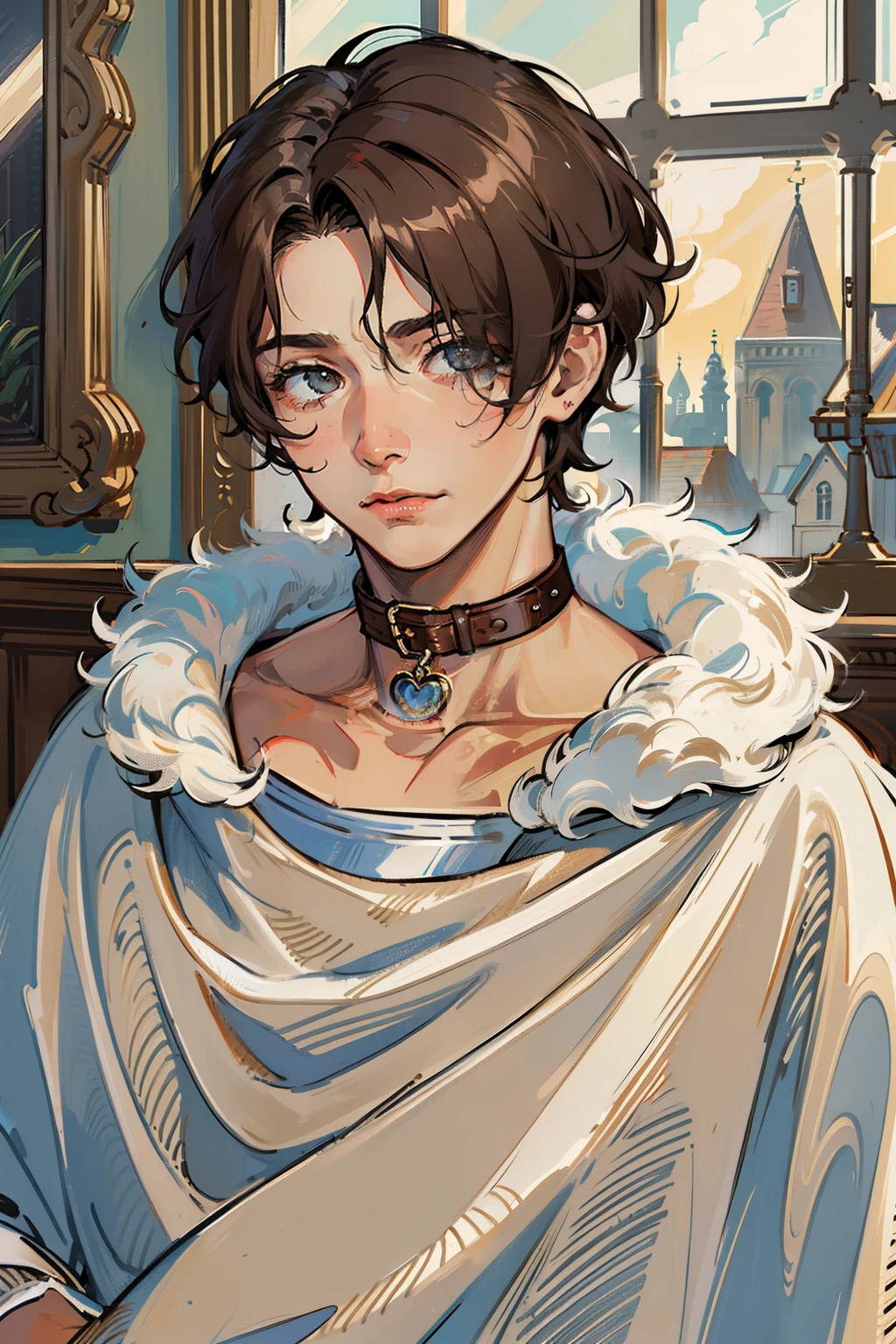 1 male, solo, masterpiece, best quality, (grin, looking back:0.5), (brunette, hair over one eye, short hair, fluffy hair:1.2), hazel eyes, tan skin, (partially wrapped in blankets, nude), collar, animal collar, leather collar, bedroom, Middle Ages, fantasy, scared, worried, fearful, older, masculine