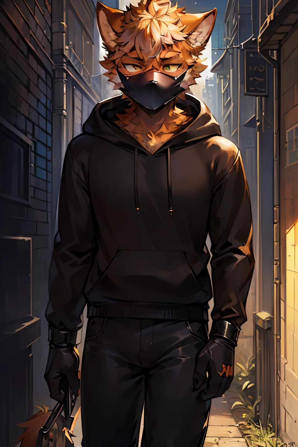 upload on e621,(Masterpieces), furry, male, (solo), detailed eyes, kemono, by hioshiru and kenket and ((dimwitdog)), Michael & Inessa Garmash, (Pino Daeni, yupa, greg rutkowski), ((detailed fluffy fur)), detailed realistic painting, cinematic, detailed background, perfect shade, dynamic angle, ( yellow fox male), big pointy fox ears, (dark orange ears), (black face mask:1.4), , ( black gloves), (gangster:1.2),bad guy, (sanpaku), (sleepy eyes:1.2),(disdainful eyes:1.4), (looking away ), close shot, close up ,(cullion face:1.2), (in dark narrow alley), tall and slim body, wet body, cool tone, lightless, (black hoodie and black pants:1.3) running from police