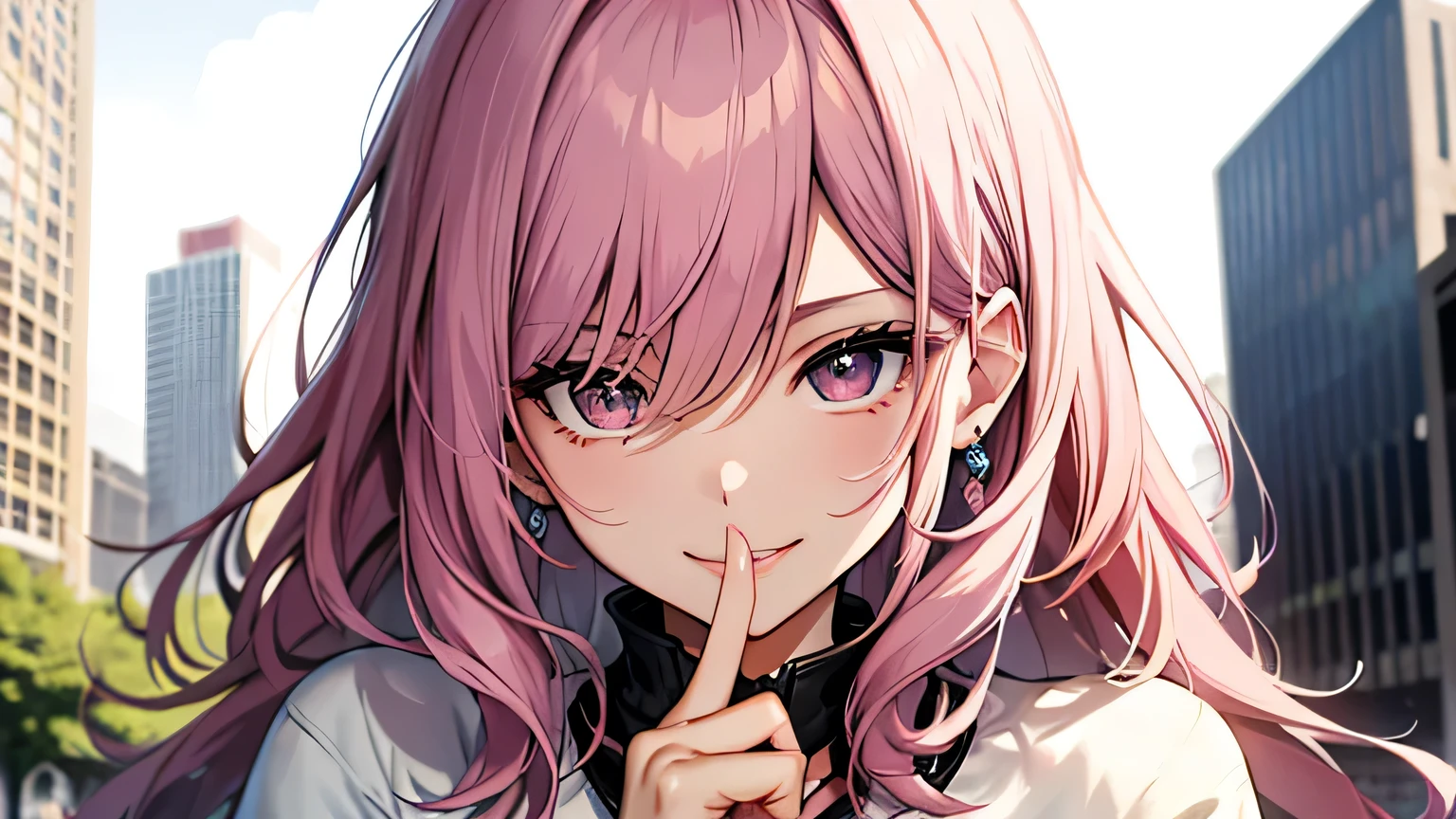 ((highest quality)), ((masterpiece)), (detailed), Perfect Face、crowd in the background, city、Be quiet、Put your finger on your lips、pink hair、Straight Hair、smile、Accurate Fingers、Upper Body、Stylish、