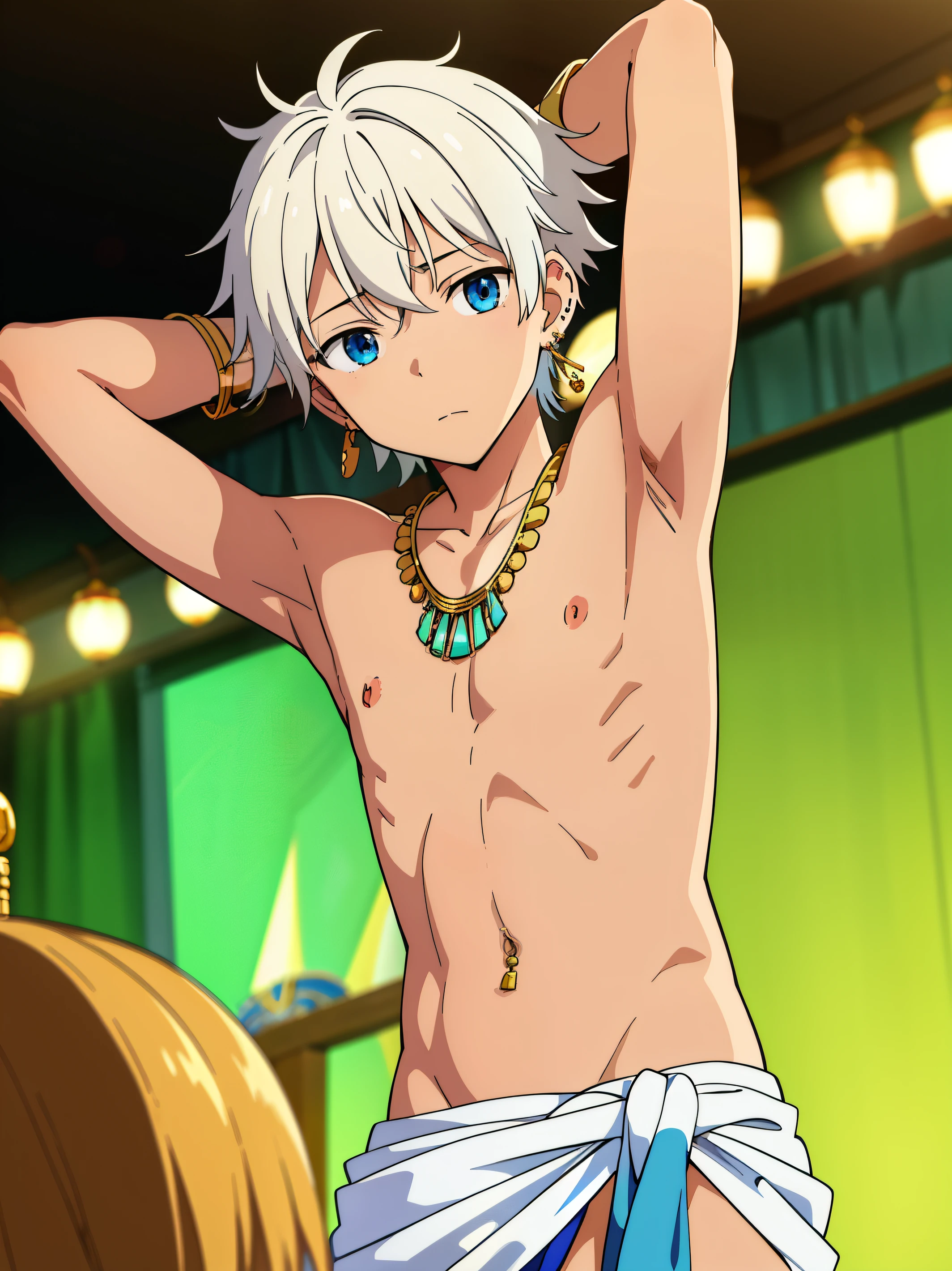 Highres, Masterpiece, Best quality at best,Best Quality,hight quality, hight detailed, 1boy, Boy,Fluffy hair, Side bangs, Shota, Solo person, Thin young boy without a shirt, White hair, Blue eye, Dark skin, Egyptian palace, Ancient egyptian loincloth, earrings, bracelets, necklaces, navel piercing, (Showing armpit:1.3), (very young boy), boys, Blurry and simple beckground, bokeh, Uhd