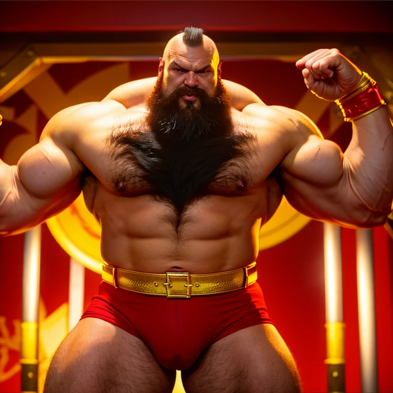 zangief,a man with a beard and a golden belt, fighting game character, street fighter 5,muscled humanoid,heavy looking,buff man,wrestler,Red short briefs,capcom,street fighter,shirtless,muscular male,chest hair,visually weighty,bearded man,mohawk hair,best quality 