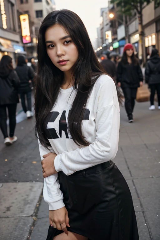 Cute long straight black hair, brown eyes, round-faced girl wearing hip-hop fashion, taking pictures on the street