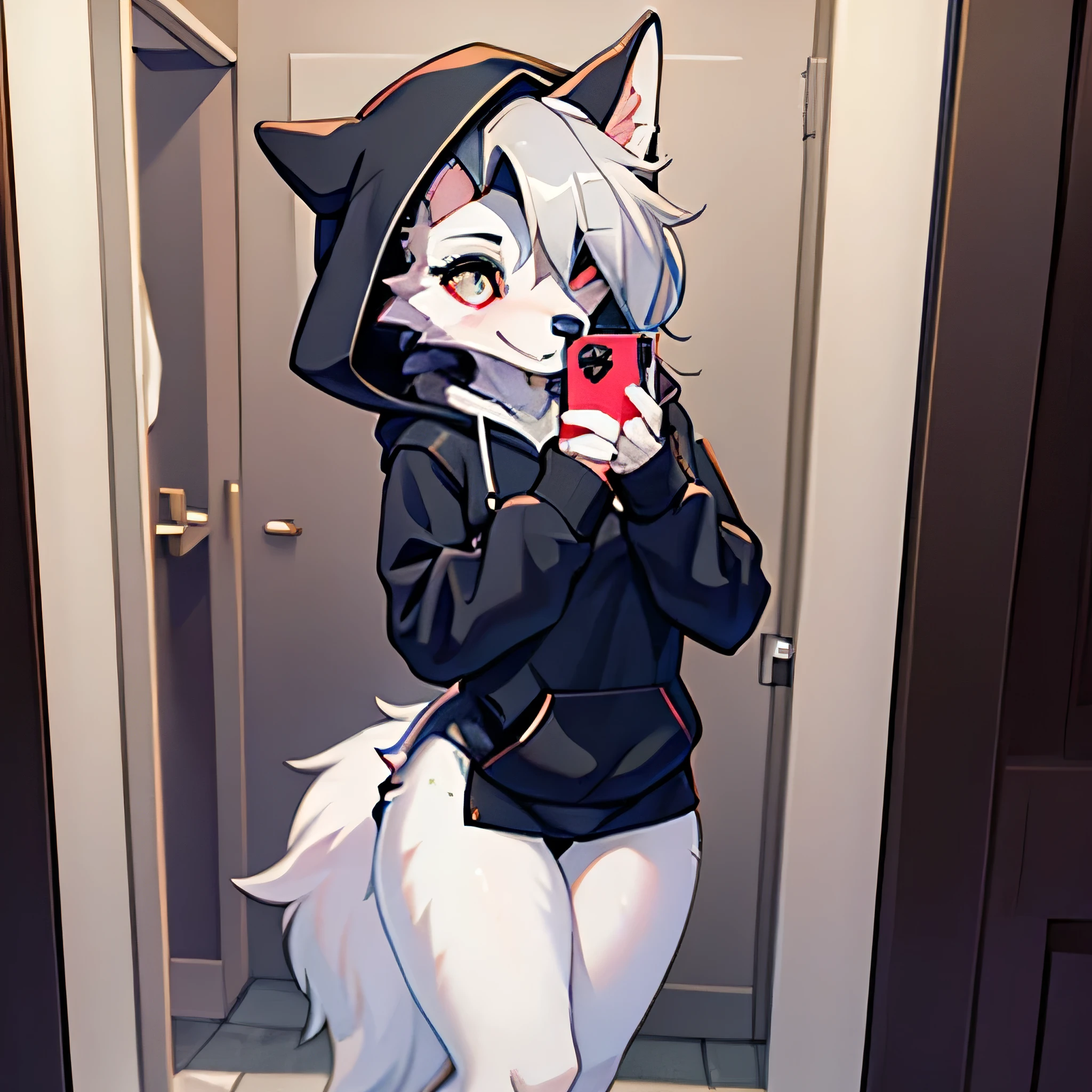Furry female wolf in a black hoodie in a bathroom taking a photo in front of the mirror 