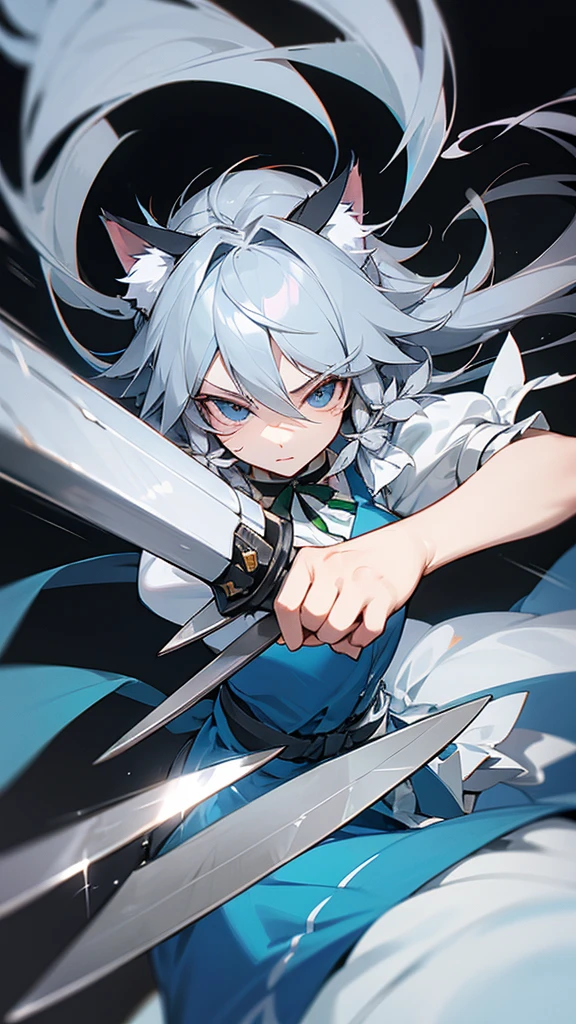 highest quality　Neutral face　woman　I have long hair　Odd Eye　Gray Hair　Sakuya Izayoi　beautiful girl　Cat ear　Unfriendly　kind　Silver knife