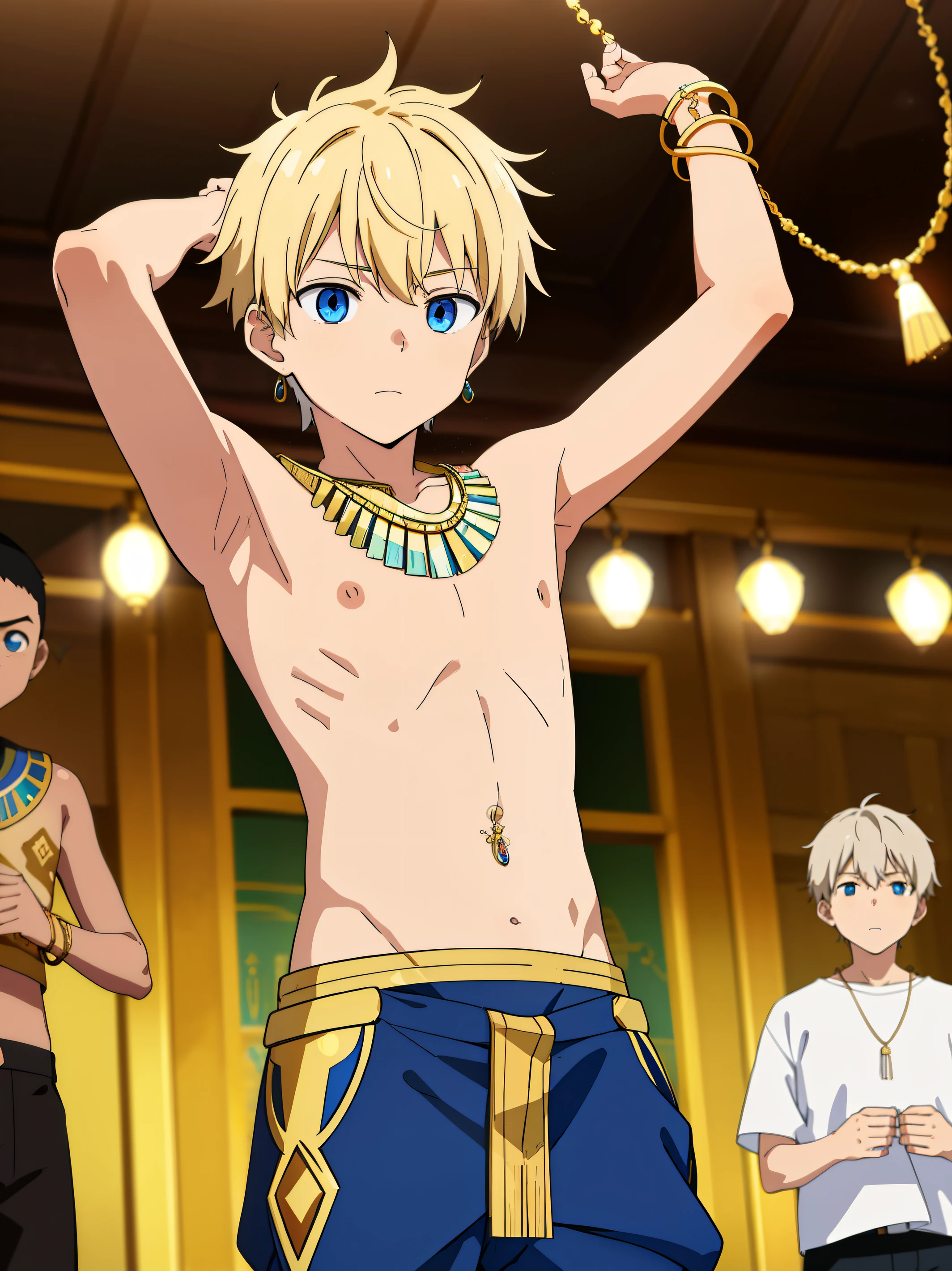 Highres, Masterpiece, Best quality at best,Best Quality,hight quality, hight detailed, 1boy, Boy,Fluffy hair, Side bangs, Shota, Solo person, Thin young boy without a shirt, White hair, Blue eye, Dark skin, Egyptian palace, Ancient egyptian pants, earrings, bracelets, necklaces, navel piercing, (Showing armpit:1.3), (very young boy), boys, Blurry and simple beckground, bokeh, Uhd