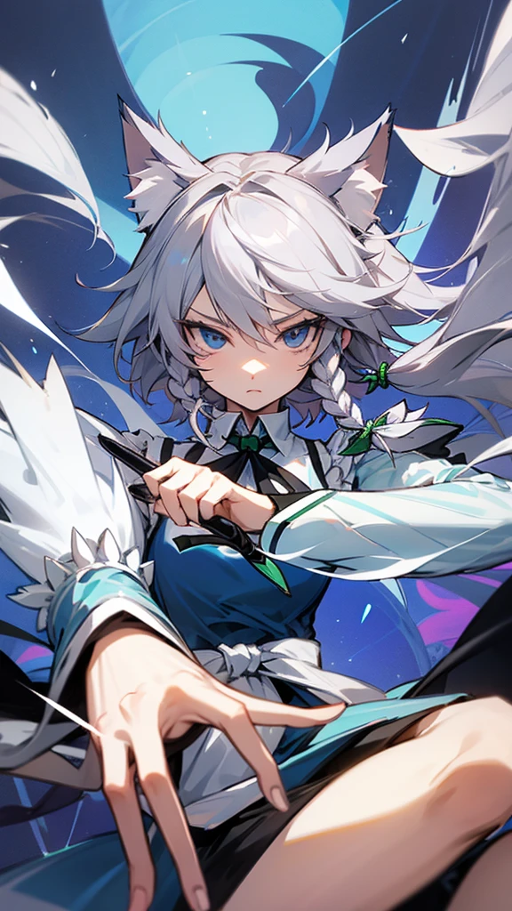 highest quality Neutral face woman I have long hair Odd Eye Gray Hair Sakuya Izayoi beautiful girl Cat ear Unfriendly kind Silver knife