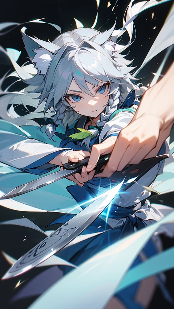 highest quality　Neutral face　woman　I have long hair　Odd Eye　Gray Hair　Sakuya Izayoi　beautiful girl　Cat ear　Unfriendly　kind　Silver knife