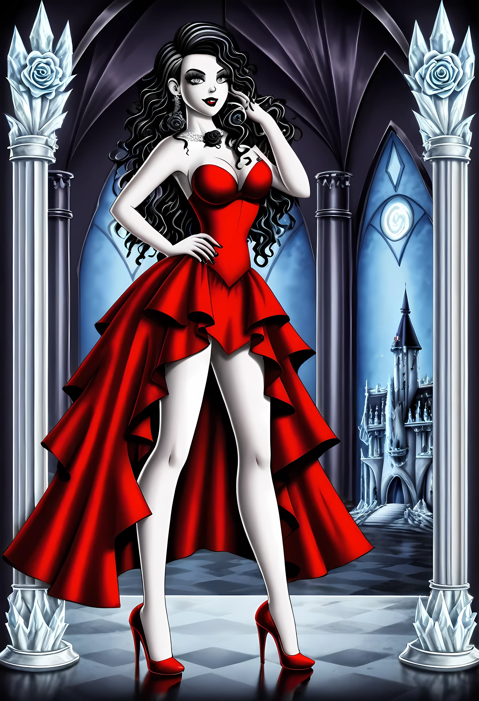 Dark fantasy art, fantasy art, goth art,  a picture of a female vampire, exquisite beauty, full body shot, dark glamour shot,  pale white skin, dark blond hair, long hair, wavy hair, (icy grey: 1.3) eyes,  she  wears a (red: 1.5) dress, ArmoredDress, entwined with (black: 1.5)  roses mad-neon-noir, high heels, dark castle background, porchm, RagingNebula