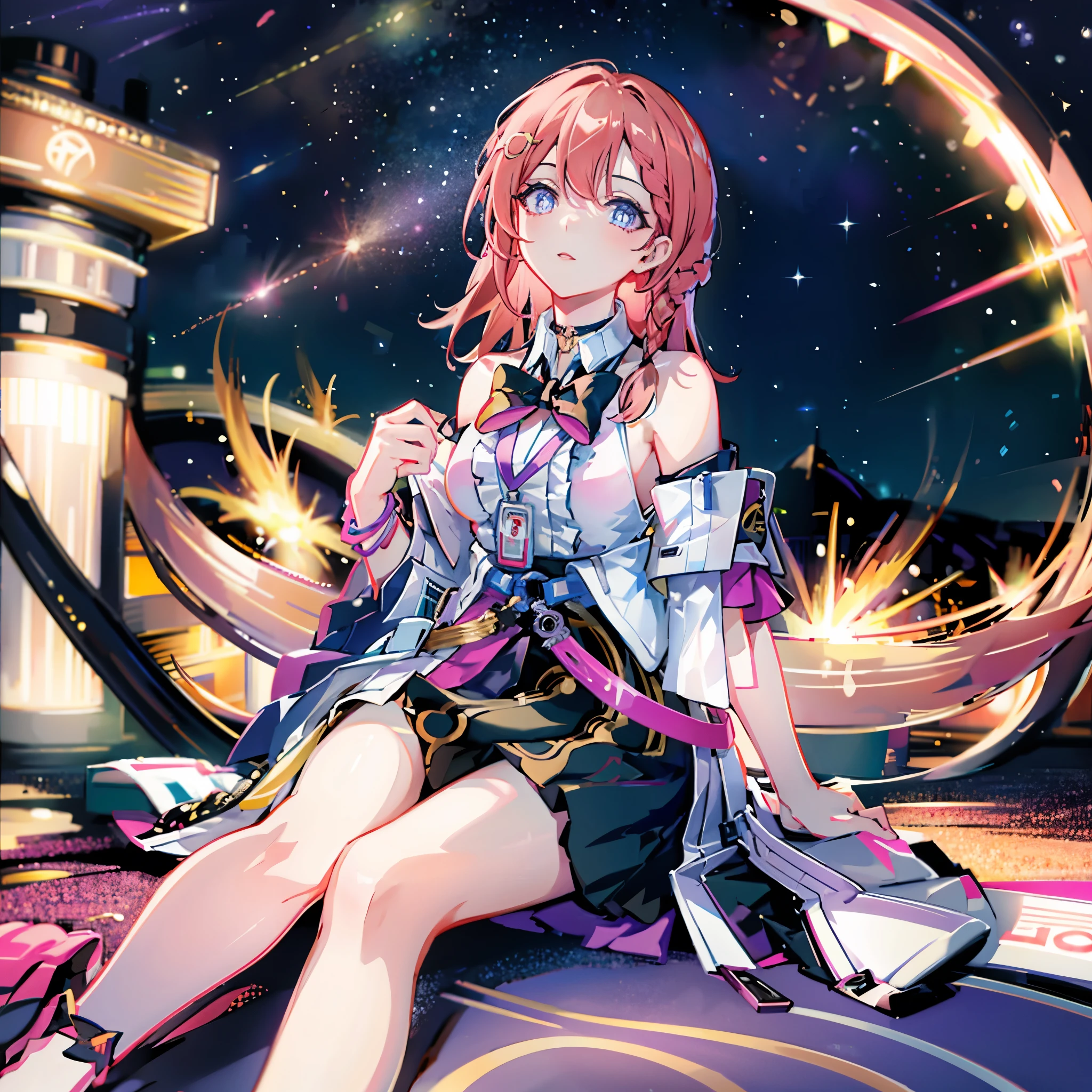 1girll, ova \(Honkai: star rail\), Detached sleeves, High heels, high waisted skirt, Sleeveless shirt, ID cards, overskirt, anklet, thigh band, Bracelet, Hairpin, belt, neck bowtie, choker necklace, Starry sky, Sitting, yokozuwari, Looking up, meteors, Outdoors, Depth of field, (Extremely detailed Cg Unity 8K wallpaper,Masterpiece, Best quality, Ultra-detailed, Beautiful detailed eyes:1.2)