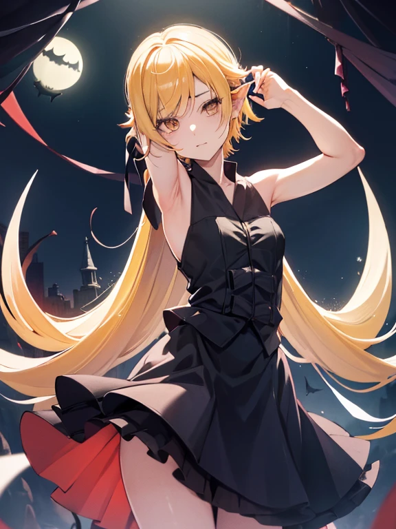 Shinobu matures bat wings、oscuridad、darkness、sangre、Hermosa maga、Rubia Updo、((Todo el cuerpo))、(((foto tomada desde abajo)))、magic circle