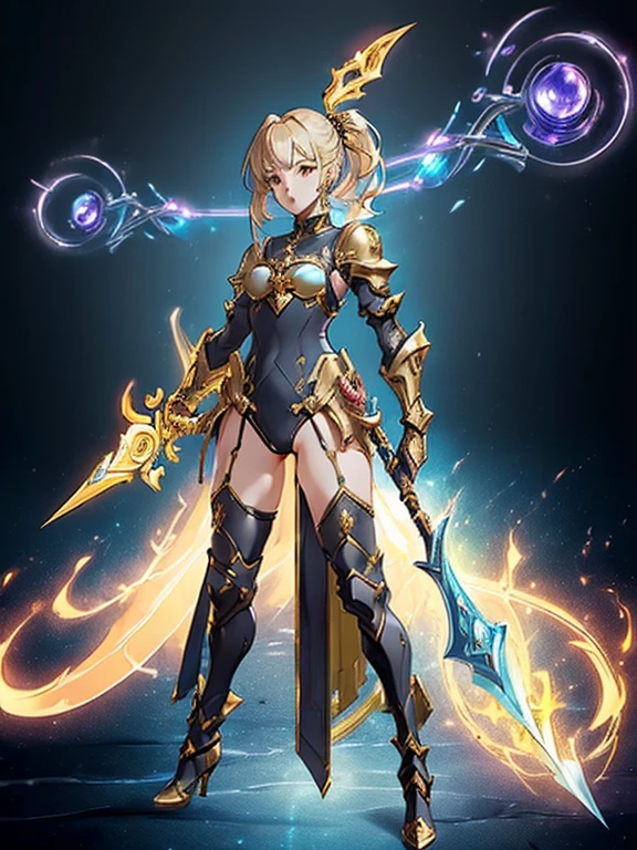 Design a layout showcase Gaming character, ((1girl)), sorcerer:1.2, Golden+Purle clothes, stylish and unique, ((showcase weapon:1.4)), magic staff, (masterpiece:1.2), (best quality), 4k, ultra-detailed, (Step by step design, layout art:1.5), (luminous lighting, atmospheric lighting), Final Fantasy style, magican, ((glove full hands)), fran, viera, (((revealing clothes:1.3))), vambraces, armored legwear, (((full_body_shot:1.4))), Niji, back_view, T_pose