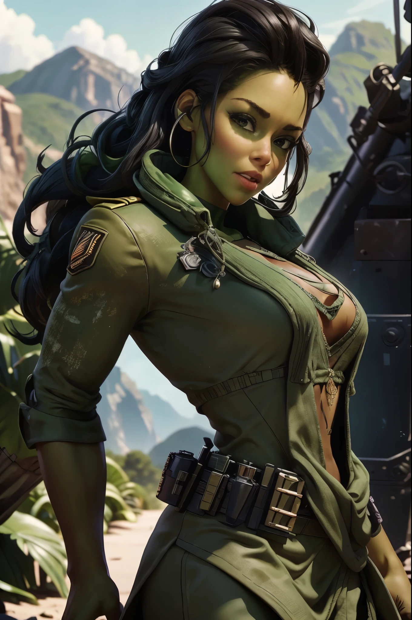 Alicia Keys with green skin like She-Hulk, hyper-realistic style, wearing soldier of fortune military-style clothing, in a rugged, outdoor military environment with rocky terrain and scattered equipment, medium shot, slightly angled upwards, dramatic high-contrast lighting with natural daylight, Alicia Keys with a determined expression, detailed textures of the military clothing, rugged and intense environment --ar 16:9 --s 0 --v 6.0 --style raw
