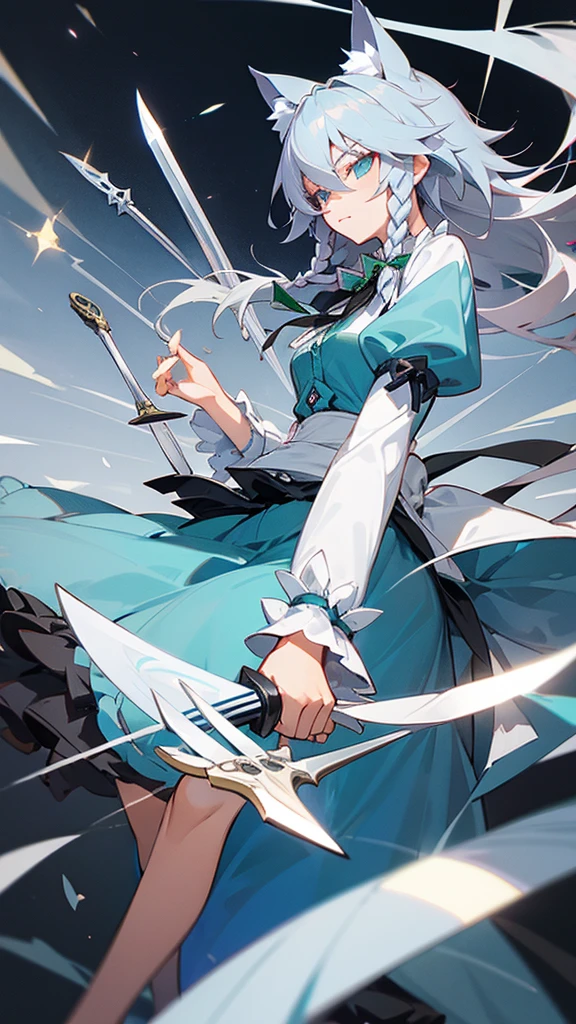 highest quality Neutral face woman I have long hair Odd Eye Gray Hair Sakuya Izayoi beautiful girl Cat ear cute Unfriendly kind Silver knife