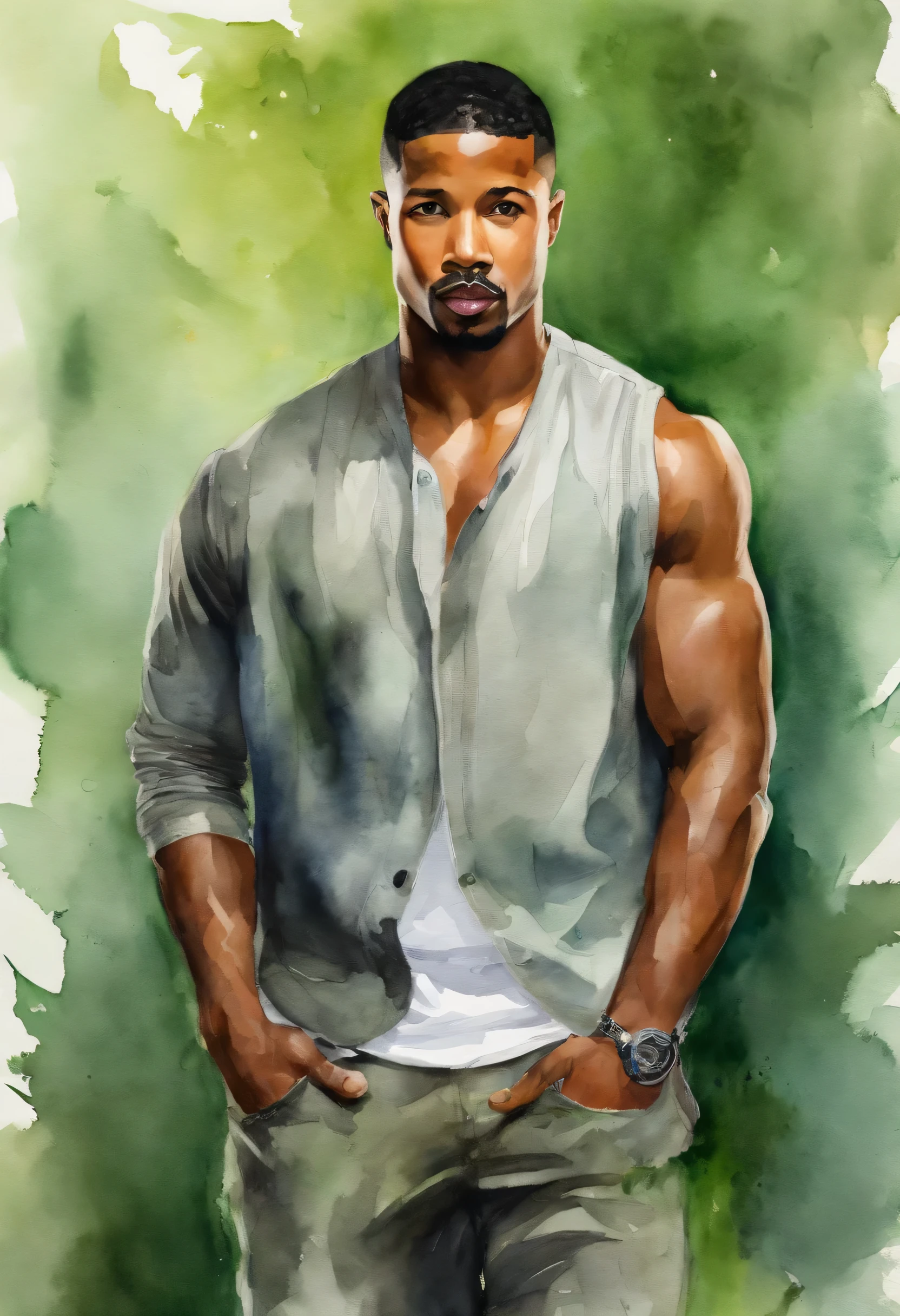 Michael b Jordan pelado sem roupas, muscular,deitado sobre a grama verde.