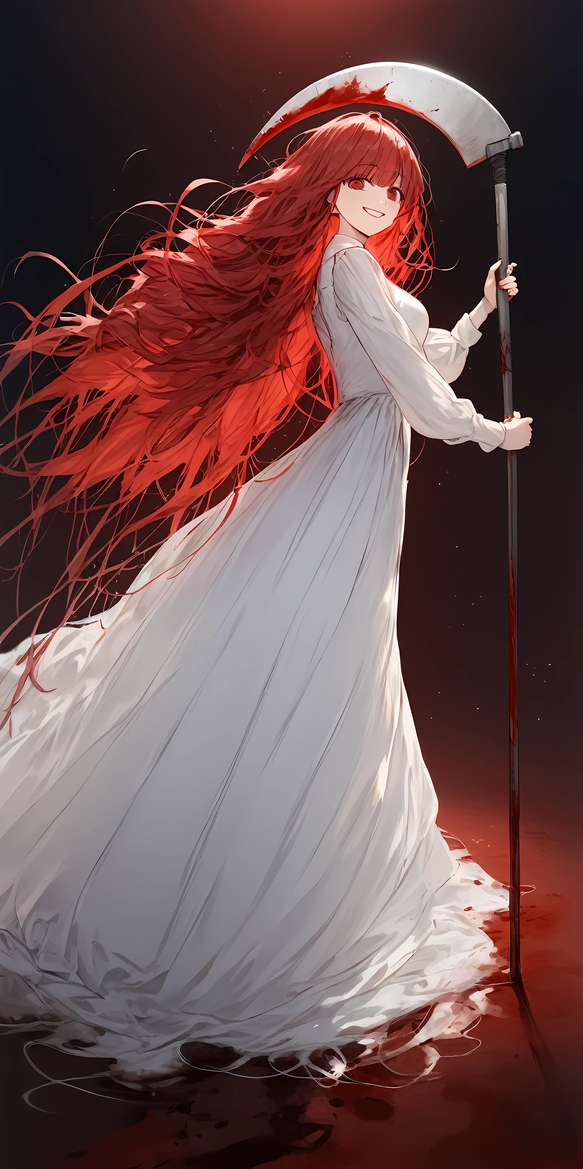 Masterpiece, absurdly top quality illustration, background filled with red light particles, girl with abnormally long red hair stands prone, shaggy hair, bangs long enough to cover face, eyes hidden, mouth somehow visible, mouth smiling wryly, wearing long white dress with blood splatter, axe in back hand, creepy, scary atmosphere, full body,more detail XL